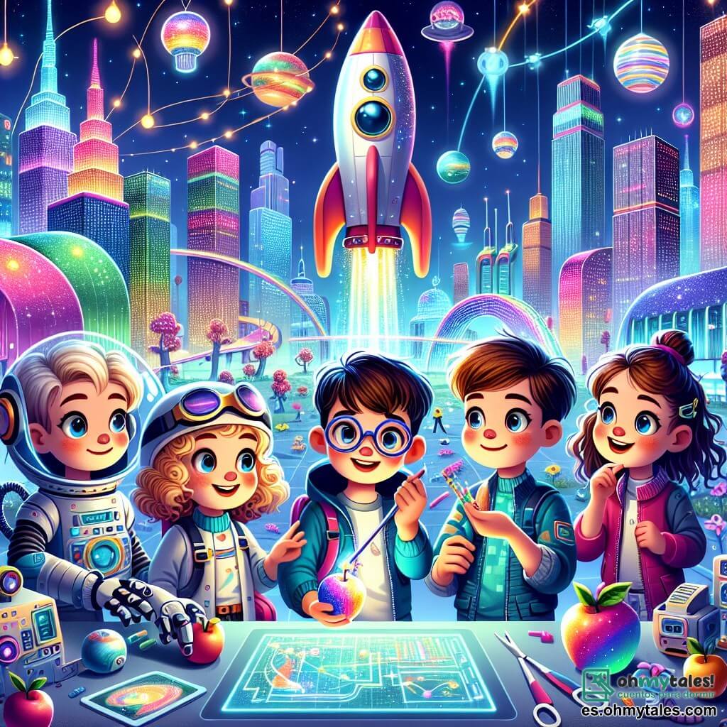 En un parque futurista de Brillovista, cuatro amigos están juntos, rodeados de edificios brillantes y luces de colores. Tomás, un niño de 10 años con una gorra de astronauta y gafas redondas, mira maravillado un cohete colorido que han construido. A su lado, Clara, una niña de 9 años con cabello rizado y vestimenta de exploradora, sonríe sosteniendo una manzana arcoíris. Raúl, un niño de 10 años con cabello castaño desordenado y un traje de robot, examina planos holográficos flotantes. Finalmente, Lucho, un niño de 11 años en una silla de ruedas voladora, ajusta los controles de su cohete con una gran sonrisa en su rostro. El parque está lleno de árboles con frutas multicolores, robots jardineros y juegos futuristas, mientras pantallas holográficas flotan en el aire mostrando imágenes de destinos increíbles. Los cuatro amigos, impacientes y emocionados, están listos para embarcarse en su cohete para una aventura espacial, con estrellas brillantes que comienzan a aparecer en el cielo crepuscular.