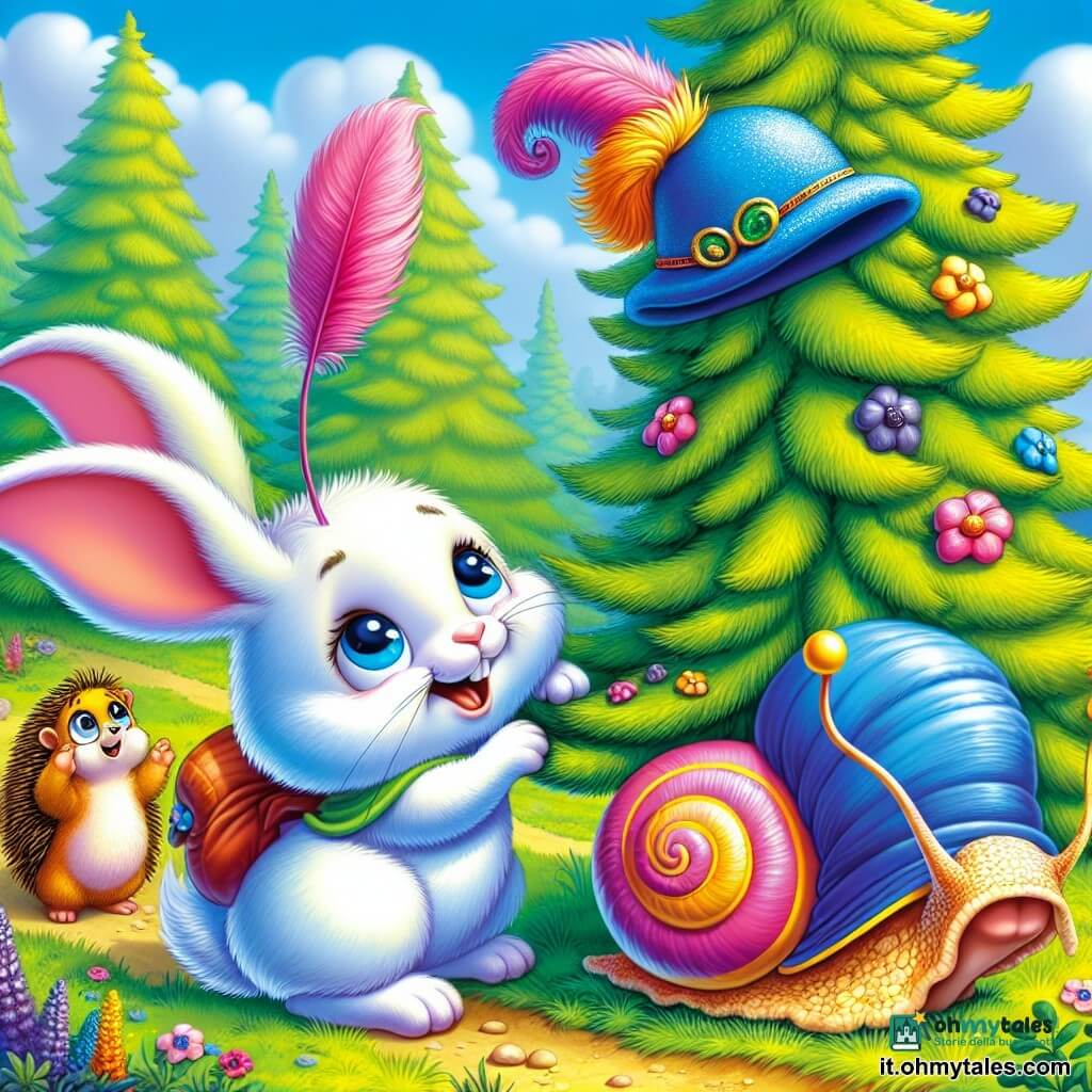 Pippo, un piccolo coniglio bianco con grandi orecchie e occhi pieni di curiosità, si trova ai piedi di un immenso Pino Urlante. Ha un sorriso determinato, pronto a recuperare un grande cappello blu decorato con una piuma rosa, posato in cima all'albero. Accanto a lui, Lalla, una lumaca dai colori vivaci con una conchiglia a spirale brillante, lo incoraggia con uno sguardo ammirato, pronta ad aiutarlo. Poco più in là, Bruno, un piccolo riccio con aculei dorati, osserva la scena concentrato, tenendo una foglia come un drappo di sostegno. Il luogo è un affascinante prato verde, costellato di fiori colorati e illuminato dalla luce dorata del sole, con il Pino Urlante che si erge maestoso, le sue fronde ondeggianti al vento. La scena principale mostra Pippo, determinato e coraggioso, pronto a scalare il tronco liscio dell'albero, mentre Lalla e Bruno lo incoraggiano, creando un'atmosfera di amicizia e avventura.