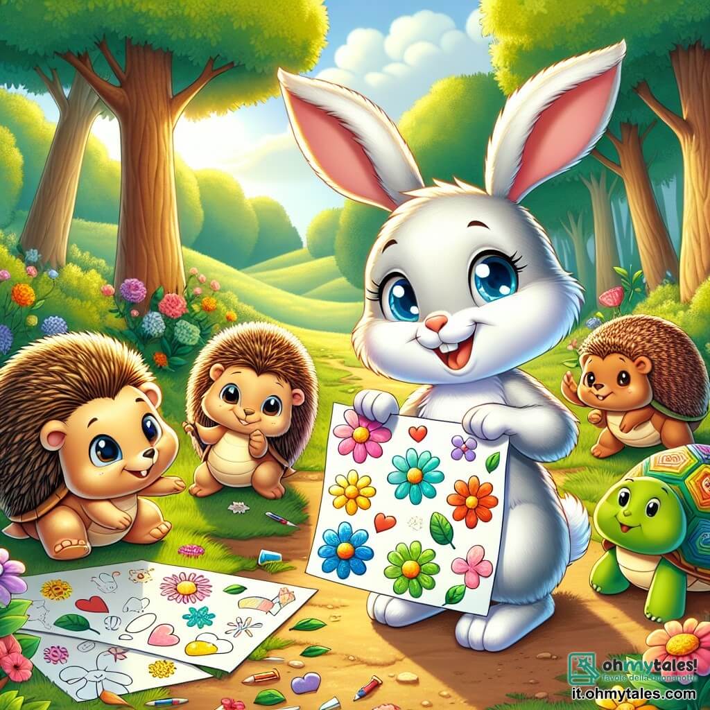 Un coniglietto dalle grandi orecchie, con il pelo bianco come la neve e occhi blu brillanti di gioia, tiene un grande poster colorato pieno di disegni e fiori. Sorride con orgoglio, circondato dai suoi amici. Accanto a lui, un piccolo riccio con aculei marroni e occhi maliziosi incolla fiori sul poster, mostrando un ampio sorriso di eccitazione. Un po' più in là, una tartaruga con un guscio verde decorato con motivi colorati raccoglie foglie per il collage, il suo viso radioso di felicità. La scena si svolge in una radura soleggiata nel bosco, circondata da alberi maestosi con foglie verdi brillanti, mentre fiori di tutti i colori punteggiano il terreno. Gli amici stanno preparando un regalo speciale per la festa del papà, celebrando la loro amicizia e l'amore che provano per i loro papà, in un'atmosfera gioiosa e festosa.