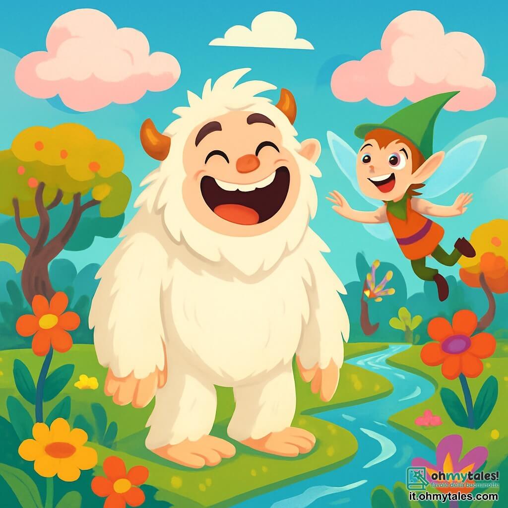 Un giovane yeti di nome Zaccaria, con una pelliccia bianca e soffice, occhi brillanti di malizia e un grande sorriso gioioso, si trova al centro della scena ridendo di cuore. Accanto a lui, un piccolo folletto di nome Pippetto, con ali scintillanti e un cappello a punta, volteggia attorno a lui ridendo, i suoi occhi brillanti di eccitazione. Lo scenario è un incantevole Pantano del Riso, pieno di fiori colorati dalle forme strane e nuvole di zucchero filato che fluttuano in un cielo blu brillante. Ruscelletti scintillanti si snodano attraverso il paesaggio, mentre alberi dai tronchi contorti e foglie multicolori danzano al vento. La scena principale mostra Zaccaria e Pippetto intenti a raccontare storie e far ridere gli animali del pantano, creando un'atmosfera gioiosa e festosa, dove le risate risuonano e i colori brillano intorno a loro.