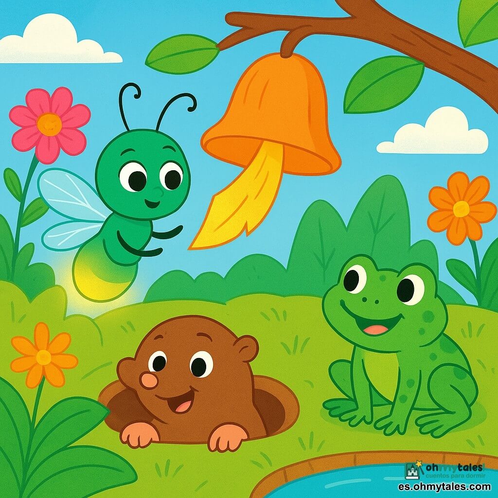 Lina, la luciérnaga, es pequeña y brillante, con un cuerpo verde esmeralda y alas translúcidas que centellean bajo la luz del sol. Tiene una mirada curiosa y asombrada, flotando delicadamente sobre una gran hoja verde, lista para observar el jardín. Topo Mimo, el pequeño topo, es redondo y suave, con pelaje marrón y ojos chispeantes de travesura. Asoma la cabeza de su túnel, mostrando una expresión alegre y alentadora, listo para ayudar a Lina en su misión. Rina, la rana, es verde con manchas amarillas, sentada al borde de un estanque brillante. Tiene una sonrisa amigable y parece lista para saltar y ayudar a sus amigos. El jardín es un mundo mágico, lleno de flores coloridas, hojas que parecen montañas y un cielo azul claro con nubes blancas esponjosas. La situación principal muestra a Lina observando atentamente la campana suspendida de una rama, rodeada de sus amigos, mientras trabajan juntos para liberar una hoja dorada que podría evitar que la campana suene.