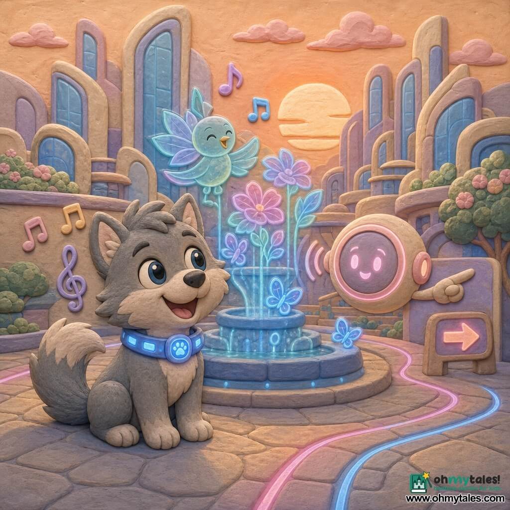 Main character: a small anthropomorphic wolf with fluffy gray fur, big bright round eyes, a glowing blue smart collar, joyful proud expression, sitting by a blue fountain and wagging its tail. Secondary character 1: a tiny holographic bird, translucent blue-green with petal-like wings, singing welcoming expression, perched above the fountain. Secondary character 2: a round floating screen with a gentle glowing ivory face and pale pink halo, voice shown as small light waves, positioned slightly right of the wolf and indicating a path. Setting: a futuristic town square with tall reflective glass towers, smooth paved ground inlaid with pink and blue LED lines, bouncing holographic flowers and small glowing butterflies around the central fountain. Main scene: the little wolf finishes a sound trail as glowing musical notes and chimes float around him at warm sunset, simple reassuring scene in a soft pastel palette.