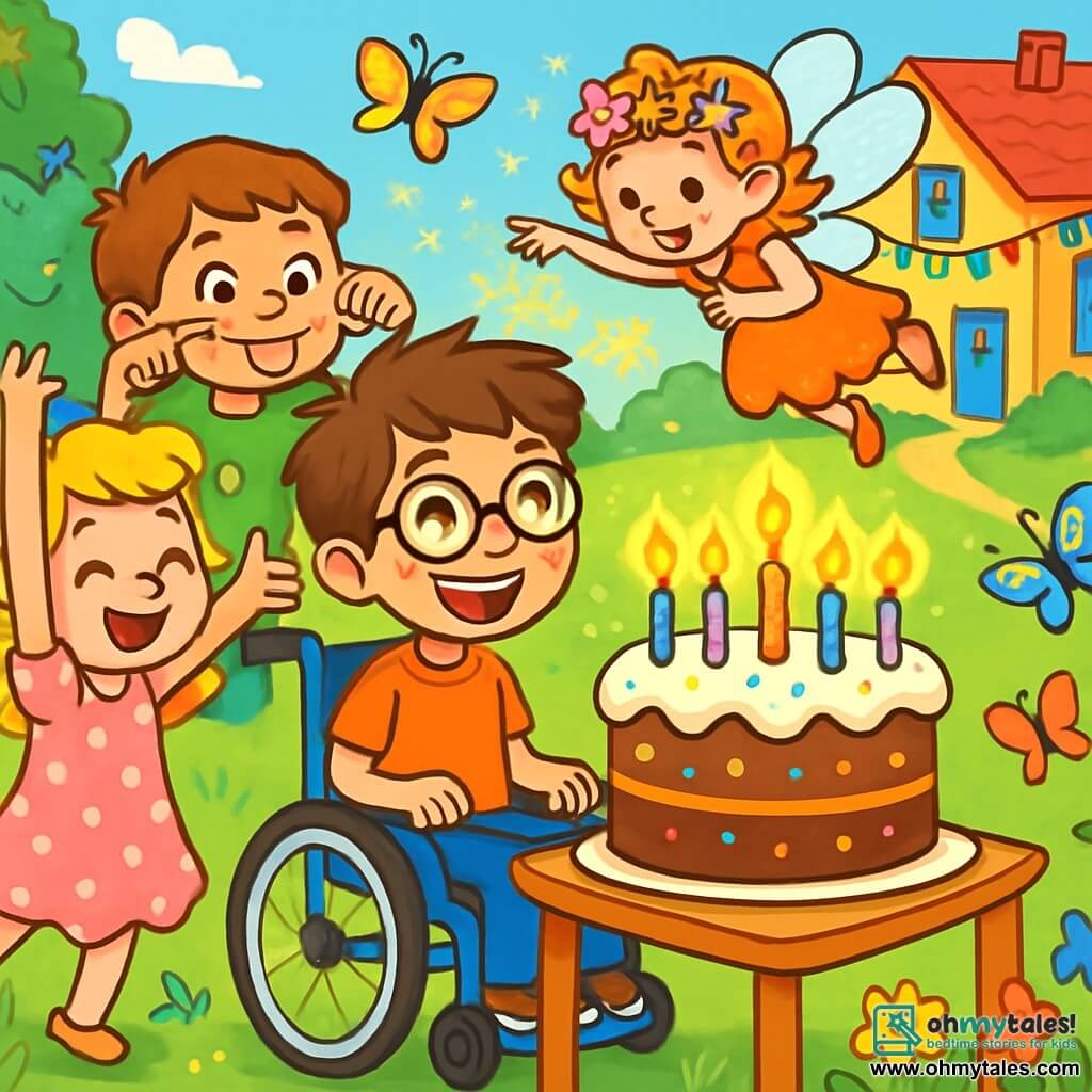 There are 4 characters: Max, a 10-year-old boy with messy brown hair and round glasses, sitting in a wheelchair, smiling with stars in his eyes, surrounded by his friends; Lily, a 10-year-old girl with big blonde curls and a pink polka-dot dress, joyfully dancing next to Max with her arms raised; Sam, a 10-year-old boy with brown hair and a green t-shirt, making a funny face just behind Max, ready to make everyone laugh; and Pippa, a little fairy with sparkling wings and a flower crown, flying above Max, sprinkling magical glitter in the air. The setting is an enchanted garden filled with colorful flowers swaying in the wind, with multicolored butterflies flying around and a large brightly painted house in the background adorned with twinkling lights. The main scene shows Max celebrating his birthday with his friends, surrounded by a huge cake decorated with bright candles, while laughter and music fill the air, and Pippa adds a touch of magic by making the cake sparkle.
