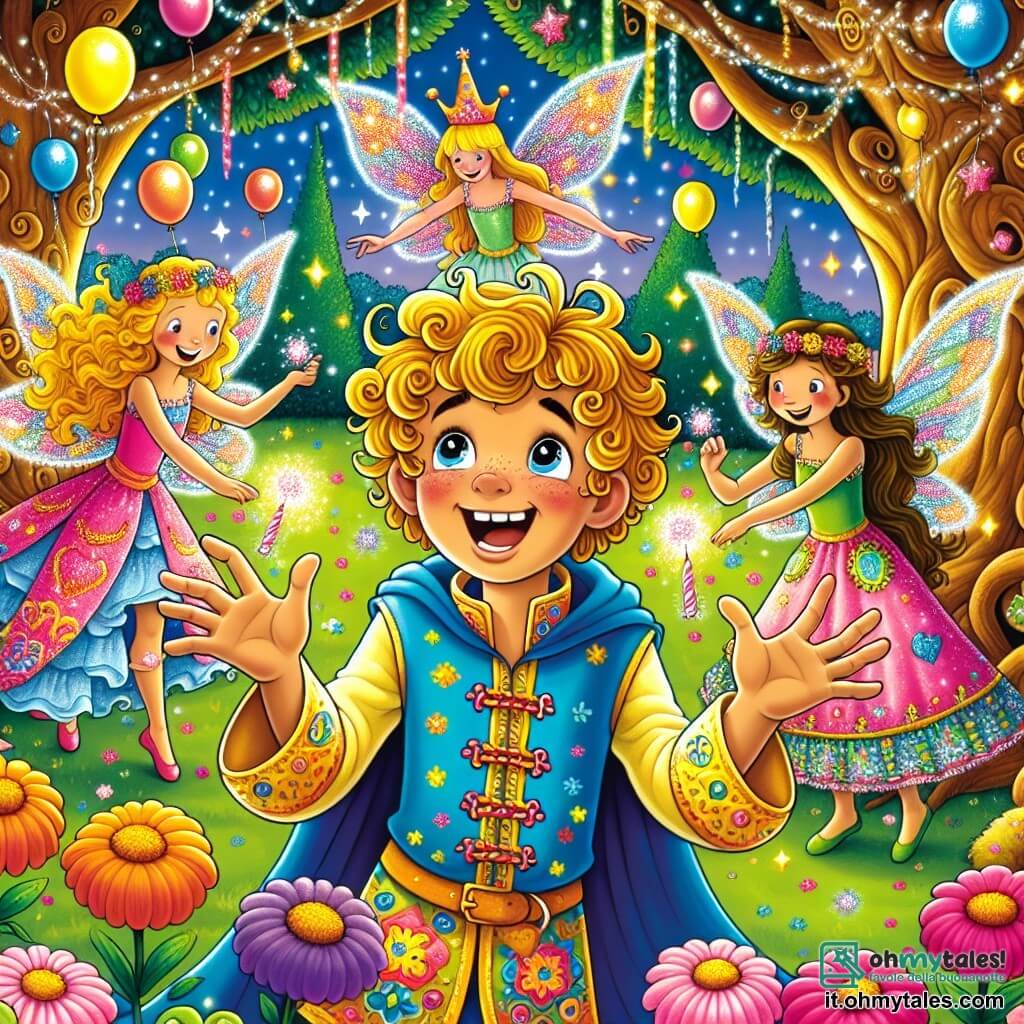 Un principe goffo di nome Pippino, di circa 10 anni, con capelli ricci e dorati, indossa una tunica blu decorata con motivi colorati. Sorride ampiamente, con gli occhi scintillanti di eccitazione, mentre cerca di afferrare delle paste brillanti che scivolano dalle sue mani. Accanto a lui, due fate danzanti, una con ali luccicanti rosa e l'altra verdi, fluttuano allegramente. La fata rosa, che sembra avere 8 anni, ride indicando Pippino, mentre la fata verde, di 9 anni, tiene un dolce in mano e sorride, pronta a offrirlo. La scena si svolge in un grande giardino incantato, pieno di fiori multicolori e grandi alberi dai tronchi dorati. Palloncini fluttuano nell'aria e ghirlande luminose decorano i rami. Pippino, mentre cerca di preparare la festa, fa cadere delle paste scintillanti, mentre le fate ridono e lo incoraggiano, creando un'atmosfera gioiosa e magica.