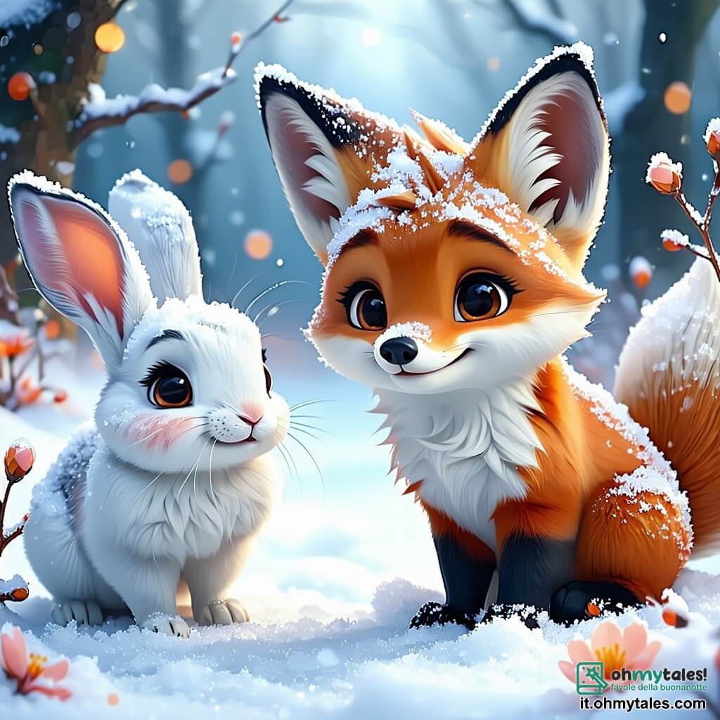 Al centro dell'immagine, Rocco, un giovane volpe dal pelo arancione brillante e con occhi pieni di curiosità, sta creando un magnifico mosaico di neve. Sorride con entusiasmo, mentre le sue piccole zampe delicate modellano forme nella neve scintillante. Accanto a lui, Lila, una lepre bianca dalle grandi orecchie e dal pelo morbido, salta gioiosamente raccogliendo fiori colorati che iniziano a sbocciare, con il viso radioso di felicità. Un po' più in là, Guglielmo, un saggio gufo dalle piume marroni e dagli occhi tondi, osserva la scena con uno sguardo benevolo, posato su un ramo, pronto a dare consigli. Il paesaggio è una foresta incantata, coperta da un spesso manto di neve brillante, dove maestosi alberi si ergono con i rami carichi di fiocchi scintillanti. Il cielo è di un blu splendente, punteggiato da nuvole soffici, e cristalli di ghiaccio scintillano al sole. La scena principale mostra Rocco e i suoi amici mentre creano il loro mosaico invernale, unendo i loro talenti per celebrare la bellezza dell'inverno con gioia e creatività.