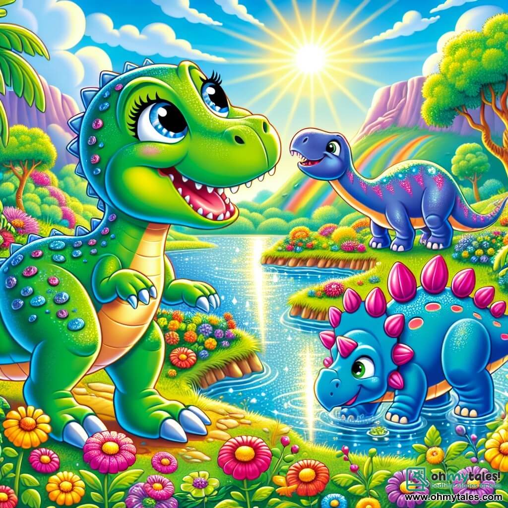Tilly, a cheerful Tyrannosaurus Rex with bright green skin and shiny scales, stands by a sparkling river, her big round eyes sparkling with excitement. She looks up at the sky, a big smile on her face, ready for adventure. Beside her, Benny, a blue Brontosaurus with a long neck and tail, bends down to admire the colorful flowers around them, his eyes filled with curiosity. Sammy, a Stegosaurus with pink plates on his back, stands a bit back, munching on leaves and watching his friends with a friendly gaze. The setting is a vibrant prehistoric island, with brightly colored trees, multicolored flowers, and a sunny sky dotted with fluffy clouds. The river, a sparkling blue, reflects sunlight, and rainbows dance on its surface. The main scene shows Tilly and her friends gathered by the river, ready to search for the mysterious Rainbow Dino to bring back the lost sparkle of their island.