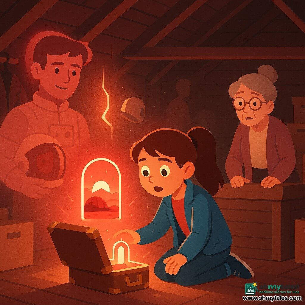12-year-old Mina, round face and curious eyes, kneeling on a dusty attic floor opening a small shiny brass suitcase that emits a soft red glow and a miniature luminous doorway to Mars above it; an elderly woman (about 70, gray hair in a bun) stands behind to the right with a surprised but tender expression, hands on an old wooden trunk; Theo, a 13-year-old boy in a white spacesuit with his helmet under his arm, appears as a translucent apparition on the left looking through a reddish reflection; Omar, about 12, has a spacesuit helmet floating in a translucent shimmer near a luminous crack and a slightly blurred silhouette to suggest temporal desynchronization; setting: old attic with wooden beams, stacked boxes, hanging coats, a skylight with dust motes, warm wood tones contrasted with the suitcase’s red-orange glow, blending realistic attic objects and stylized Martian elements (dome, red dust) to show a magical time-travel discovery.