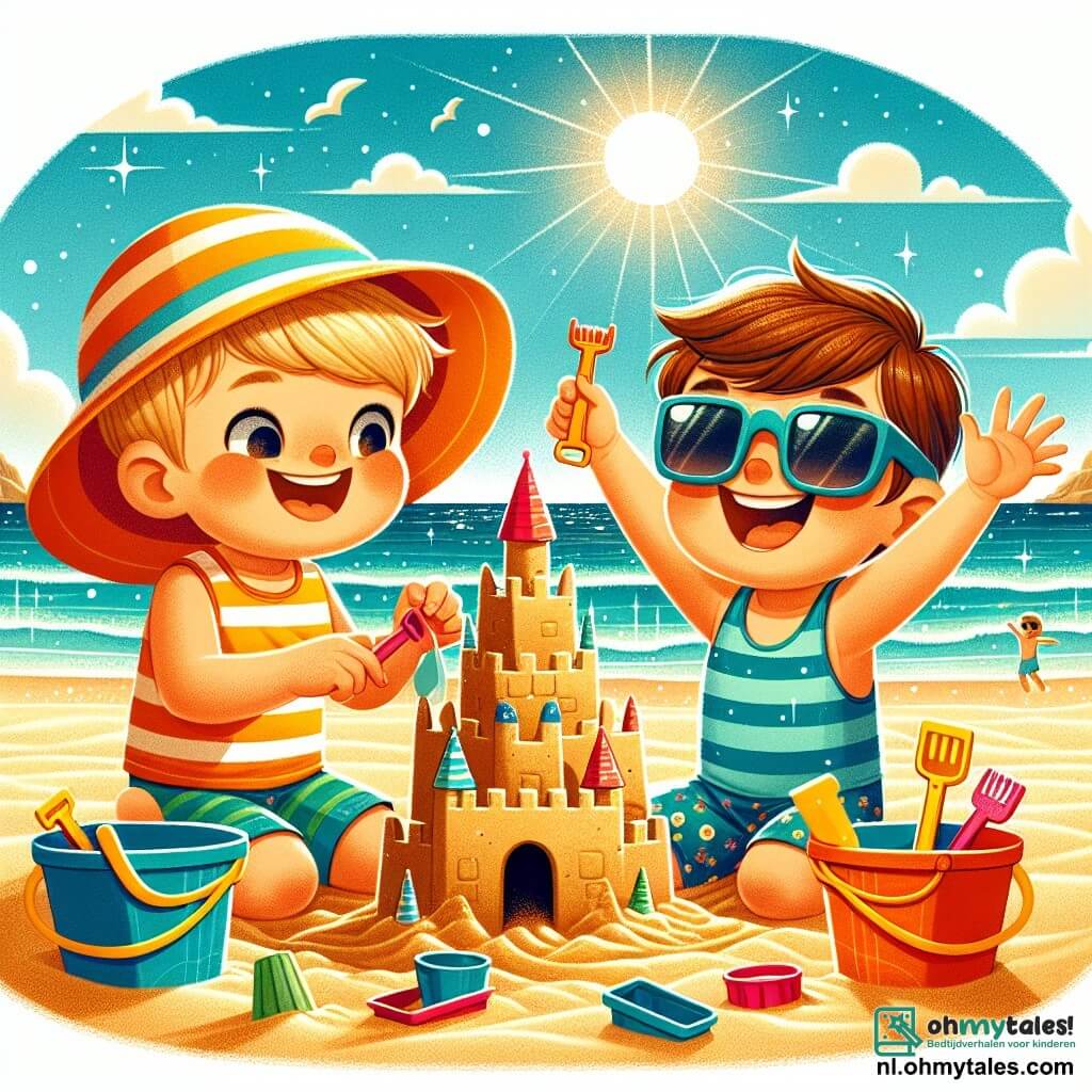 Een 4-jarig jongetje met blond haar en sprankelende ogen glimlacht vrolijk terwijl hij een groot zandkasteel op het strand bouwt. Hij draagt een gestreept zwembroek en een kleurrijke zonnehoed, zijn handen vol zand. Naast hem lacht zijn vriend Sam, een 4-jarig jongetje met bruin haar en een zonnebril, terwijl hij in het zand springt met zijn armen in de lucht. Ze zitten op een gouden strand, met glinsterende blauwe golven op de achtergrond en een zonnige lucht met enkele witte wolken. De scène toont de twee vrienden die hun zandkasteel opnieuw bouwen, met een glimlach op hun gezicht, omringd door kleurrijke emmers en scheppen, wat hun blije vriendschap en samenwerkingsgeest illustreert.
