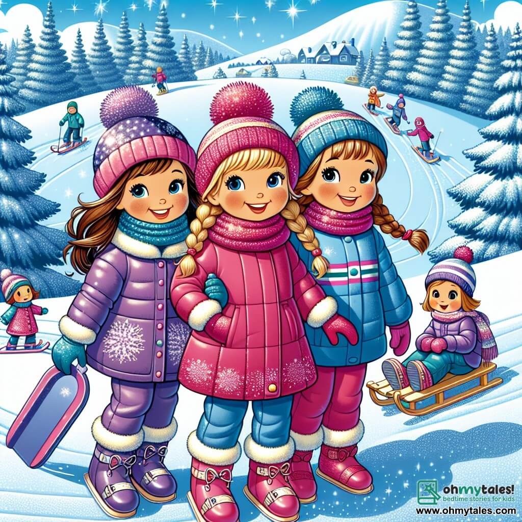 Three girls, Lila, Mia, and Sophie, stand together at the top of a snowy hill. Lila, 8 years old, has long brown hair and wears a bright pink coat with a matching hat. Mia, also 8, has braided blonde hair and is dressed in a blue ski suit with red gloves. Sophie, the youngest at 7, has brown hair and wears a purple coat with a striped scarf. They are all smiling, ready to slide down the slope on their colorful sleds. The scene features a beautiful hill covered in thick, sparkling snow, surrounded by majestic snow-laden pine trees. The sky is bright blue with fluffy white clouds, and the sun shines, creating sparkling reflections on the snow. The girls are about to slide down together, laughing and encouraging each other, while other children play joyfully at the bottom of the hill.