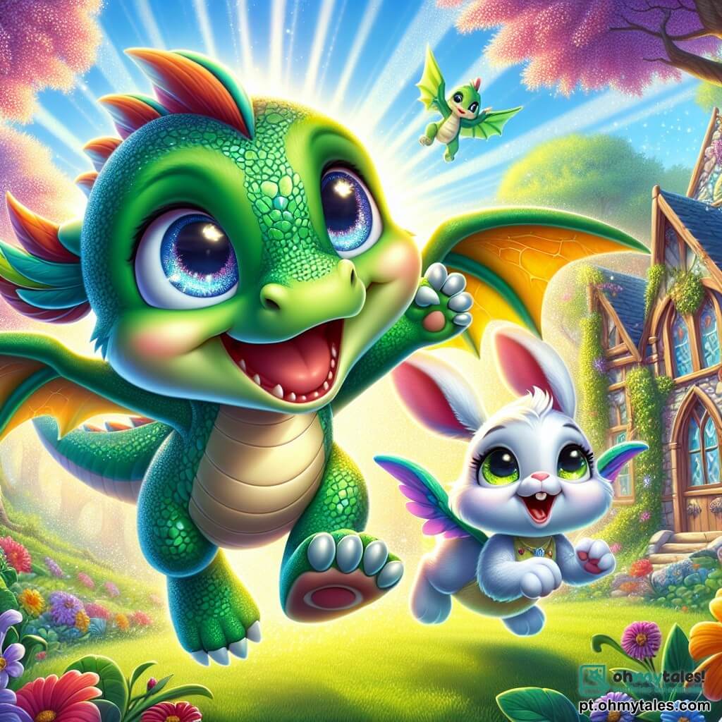 Dimi, um pequeno dragão com escamas verdes brilhantes e grandes olhos cintilantes, está voando alegremente no céu azul, com um grande sorriso no rosto. Suas pequenas asas batem com entusiasmo enquanto ele explora seu novo ambiente escolar. Ao lado dele, Lila, uma coelhinha vaidosa com grandes orelhas e pelagem branca, salta animadamente, seus olhos brilhando de excitação. Ela segura uma pequena flor colorida em suas patas dianteiras, pronta para mostrá-la a Dimi. Ao fundo, a cena acontece em uma escola mágica localizada no coração de uma floresta encantada, cercada por árvores de folhas multicoloridas e flores vibrantes. Raios de sol filtram-se através dos galhos, criando uma atmosfera calorosa e acolhedora. A situação principal mostra Dimi e Lila descobrindo sua nova escola, cheios de entusiasmo e curiosidade, prontos para viver sua primeira dia de aventuras juntos.