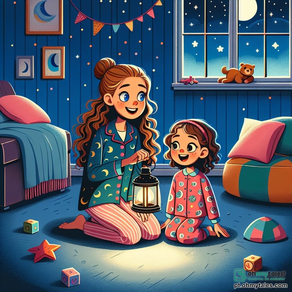 Uma menina de 8 anos, com longos cabelos cacheados e um sorriso radiante, está no centro do palco, segurando uma pequena lanterna que ilumina seu rosto curioso e deslumbrado. Ela veste um pijama colorido com estrelas e luas, e seus olhos brilham de excitação e um leve frio na barriga. Ao lado dela, sua mãe, uma mulher gentil de cerca de 30 anos, com cabelos castanhos presos em um coque, sorri com ternura. Ela está de joelhos, segurando um cobertor macio, e observa sua filha com orgulho, pronta para acompanhá-la nessa aventura noturna. A cena ocorre em uma sala de estar acolhedora, com paredes pintadas de azul escuro, almofadas coloridas espalhadas pelo chão e uma grande janela que revela um céu estrelado. Brinquedos estão dispersos ao redor, adicionando vida ao espaço. A situação principal mostra a menina e sua mãe explorando o ambiente na escuridão, a lanterna projetando sombras dançantes nas paredes, enquanto imaginam juntas histórias mágicas, transformando seu medo do escuro em uma aventura cheia de alegria e descobertas.