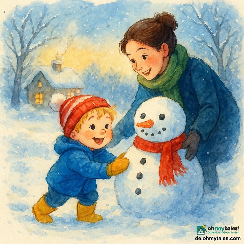 Ein zweijähriger Junge, fröhlich und staunend, zerzaustes blondes Haar, rosige Wangen, leuchtend blauer Mantel und rot-weiß gestreifte Mütze, schiebt mit behandschuhten Händen eine große Schneekugel; seine gelben Stiefel hinterlassen tiefe Spuren. Seine Mutter, etwa 30, lächelnd, braune Haare im Dutt, grüner Wollschal, steht hinter ihm, legt die Hand auf seine Schulter und hilft beim Formen des Schneemanns. Der halbfertige Schneemann hat einen runden Körper, eine Karottennase, Kohlestück-Augen und einen im Wind wehenden roten Schal. Der verschneite Garten mit frisch gefallenem Schnee und weiß gepuderten Ästen, im Hintergrund ein warmes Häuschen mit Rauch aus dem Schornstein und gelbem Fensterlicht. Hauptszene: fröhlicher Schneemannbau in winterlicher Dämmerung, kühle Blautöne mit warmen Gelb- und Rottönen, sichtbare kleine Spuren und Flocken, gemütliche friedliche Stimmung.