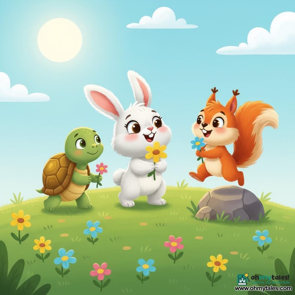 A small white rabbit with long soft ears, bright round eyes and a warm smile holds a yellow flower; a green turtle with a brown-golden shell and calm eyes walks slowly behind holding a small pink flower to the rabbit’s left; a fluffy red squirrel with a bushy tail chatters while holding a blue flower on a low rock to the rabbit’s right; they laugh together on a gently rolling grassy hill carpeted with yellow, pink and blue flowers under a pale blue sky with a few white clouds and a soft sun, in a bright, colorful, simple, rounded, childlike, benevolent scene.