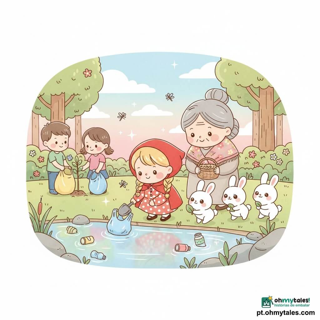 Chapeuzinho Vermelho, uma menina alegre e determinada com capa vermelha de capuz e vestido de bolinhas, cabelos loiros em tranças, ajoelha-se à beira de um lago raso para apanhar um saco plástico com uma pequena pá; uma avó de cerca de 70 anos, benevolente, com xale florido ajuda a carregar um cesto de sementes, em pé atrás dela; três coelhinhos fofos saltitam junto à água segurando uma folha; duas crianças da aldeia, um rapaz e uma rapariga de cerca de 8 anos, com sacos de lixo coloridos plantam uma muda à esquerda do grupo; o lago reflete um céu em tons pastéis, libélulas brilham e lixo colorido aparece perto da margem antes de ser recolhido; cena principal de limpeza colaborativa e alegre — personagens sorridentes removendo resíduos, plantando árvores e trazendo vida ao lago, com atmosfera luminosa, cores vivas e contornos suaves.
