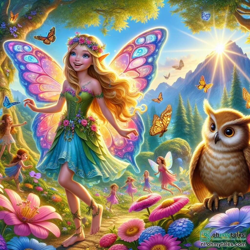 In een prachtige betoverde tuin staat een jonge vrouw, de fee Lila, in het midden van de afbeelding. Ze heeft lange gouden haren die in de zon glanzen en kleurrijke vleugels zoals die van een vlinder, schitterend in blauw, roze en groen. Haar gezicht straalt blije vastberadenheid uit terwijl ze haar toverstok omhoog houdt, klaar om de magie van de natuur vrij te laten. Naast haar zit een oude wijze uil, met grote ronde ogen en bruine veren, op een tak. Hij kijkt serieus naar Lila, alsof hij haar waardevolle adviezen geeft. Verderop dansen een groepje kleine elfjes met glimlachende gezichten en doorzichtige vleugels rond de bloemen, en steunen Lila met heel hun hart. De plek is een feeërieke tuin, vol met stralende bloemen in alle kleuren, majestueuze bomen en vlinders die in de lucht fladderen. Op de achtergrond schittert een heldere berg onder de zon, die het avontuur symboliseert dat Lila staat te beginnen. De hoofdscène toont Lila, vol moed, haar toverstok naar de lucht heft, klaar om de dreigende schaduw die over de tuin hangt te bestrijden, terwijl de elfjes en de uil haar enthousiast aanmoedigen.
