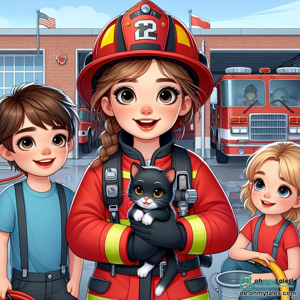 Im Vordergrund steht Anna, eine mutige Feuerwehrfrau, die mit einem breiten Lächeln und funkelnden Augen voller Entschlossenheit dargestellt ist. Sie trägt eine leuchtend rote Feuerwehruniform, einen glänzenden Helm und schwarze Handschuhe. In ihrer Hand hält sie einen Feuerwehrschlauch, bereit zum Eingreifen, während ein kleines schwarzes Kätzchen sich an ihr Bein kuschelt und Sanftheit und Mitgefühl ausdrückt. Neben ihr steht Tim, ein etwa 8-jähriger Junge mit zerzausten braunen Haaren und einem blauen T-Shirt, der Anna bewundernd ansieht. Er hält einen kleinen Eimer Wasser, bereit zu helfen. Etwas weiter entfernt entfaltet Lisa, ein 7-jähriges Mädchen mit Zöpfen, einen Schlauch, ihr Gesicht strahlt vor Aufregung und Stolz. Die Szene spielt vor einer großen Feuerwehrstation, mit roten Fahrzeugen im Hintergrund, Rettungswerkzeugen an den Wänden und wehenden Flaggen. Der Himmel ist blau und sonnig, was der gesamten Atmosphäre Freude verleiht. Die Hauptsituation zeigt Anna und die Kinder in vollem Einsatz, bereit, ein kleines Feuer in einem Behälter zu löschen, was ihren Mut und Teamgeist symbolisiert und die Bedeutung von gegenseitiger Hilfe und Solidarität hervorhebt.