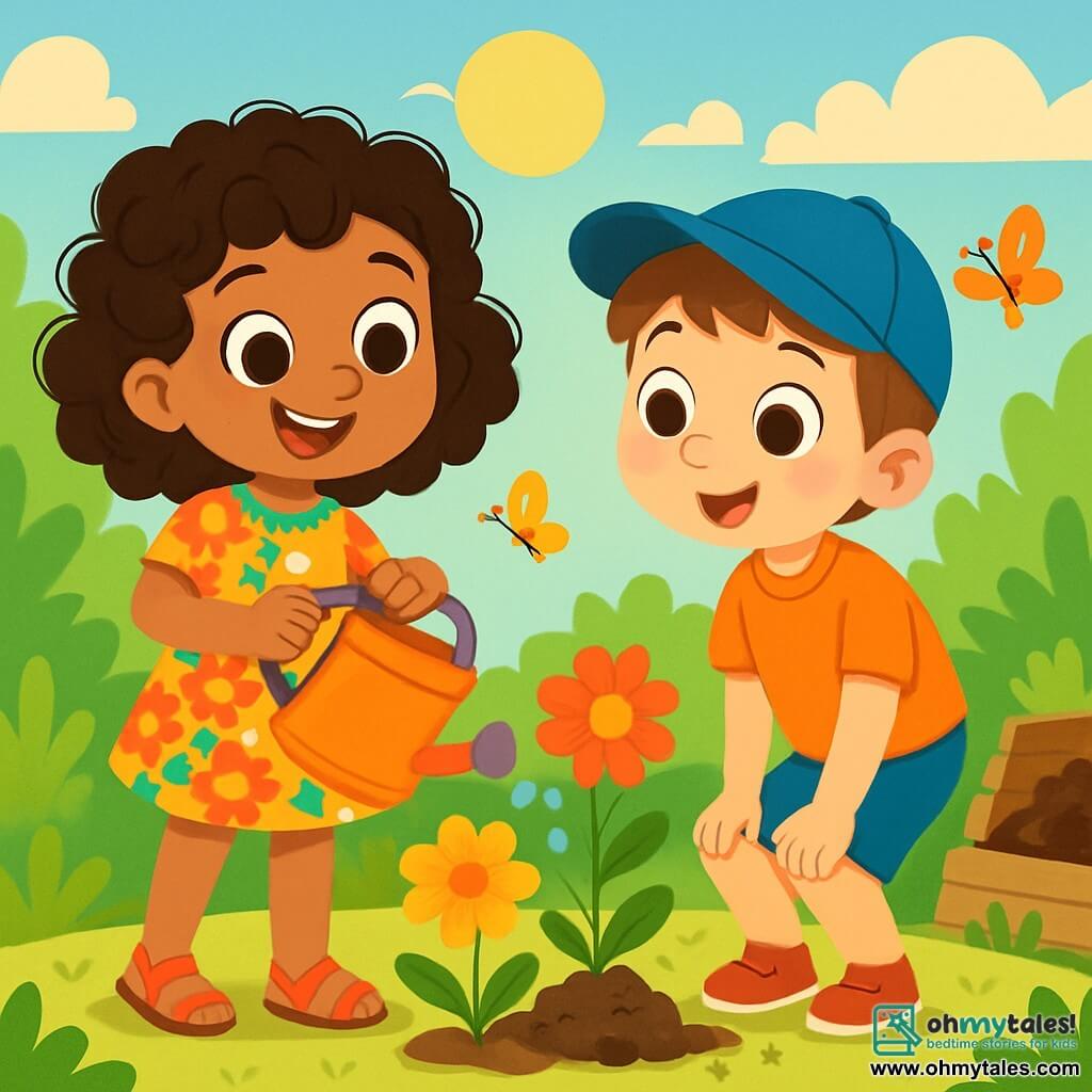 A 6-year-old girl named Lila, with bright eyes and curly hair, joyfully smiles while holding a colorful watering can. She wears a bright floral dress and sandals. Next to her is her friend Max, a 6-year-old boy with brown hair and a blue cap, who looks in wonder at the blooming flowers around them. They are in a sunny garden filled with colorful flowers, fluttering butterflies, and a small pile of compost nearby. The scene depicts Lila and Max spreading compost on blooming flowers, with expressions of pride and happiness on their faces, surrounded by a joyful and natural atmosphere.