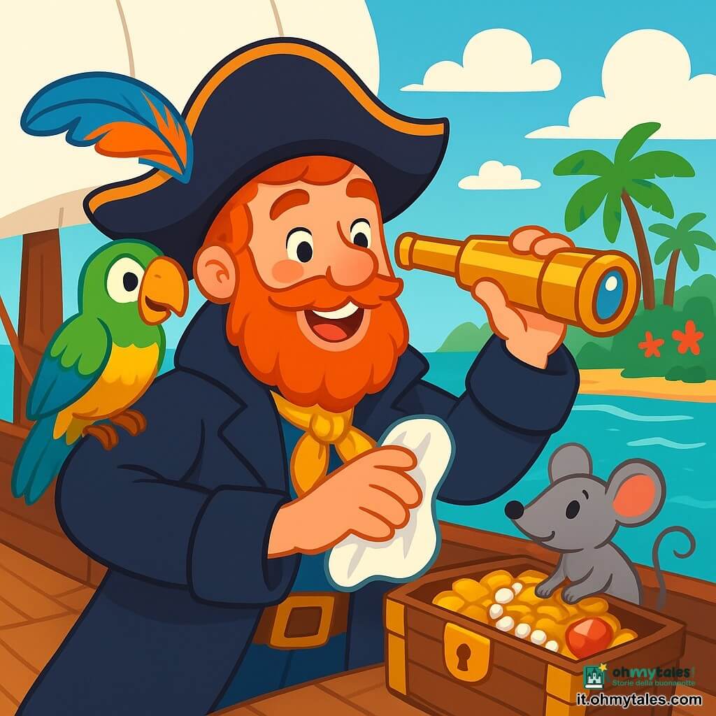 Il Capitano Pepe è un uomo dai capelli rossi e dalla barba folta. Indossa un grande cappello da pirata decorato con una piuma colorata e un mantello blu scuro. Il suo viso esprime gioia ed eccitazione mentre tiene un vecchio cannocchiale brillante, pronto per esplorare. Accanto a lui, Piumino, un pappagallo con piume verdi e gialle, è posato sulla sua spalla, guardando con curiosità. Nocciolina, un piccolo topo grigio dagli occhi brillanti, si trova sul ponte, frugando in un baule pieno di tesori. La scena si svolge sul ponte della Sogliola Felice, una bella nave pirata con vele bianche al vento e onde turchesi che si infrangono dolcemente contro lo scafo. Sullo sfondo si intravede un'isola verdeggiante, piena di palme e fiori colorati, sotto un cielo blu punteggiato di nuvole bianche. Il momento principale della storia mostra il Capitano Pepe mentre pulisce il cannocchiale con un panno magico, mentre i suoi amici lo osservano impazienti, pronti a scoprire le meraviglie nascoste oltre l'orizzonte.