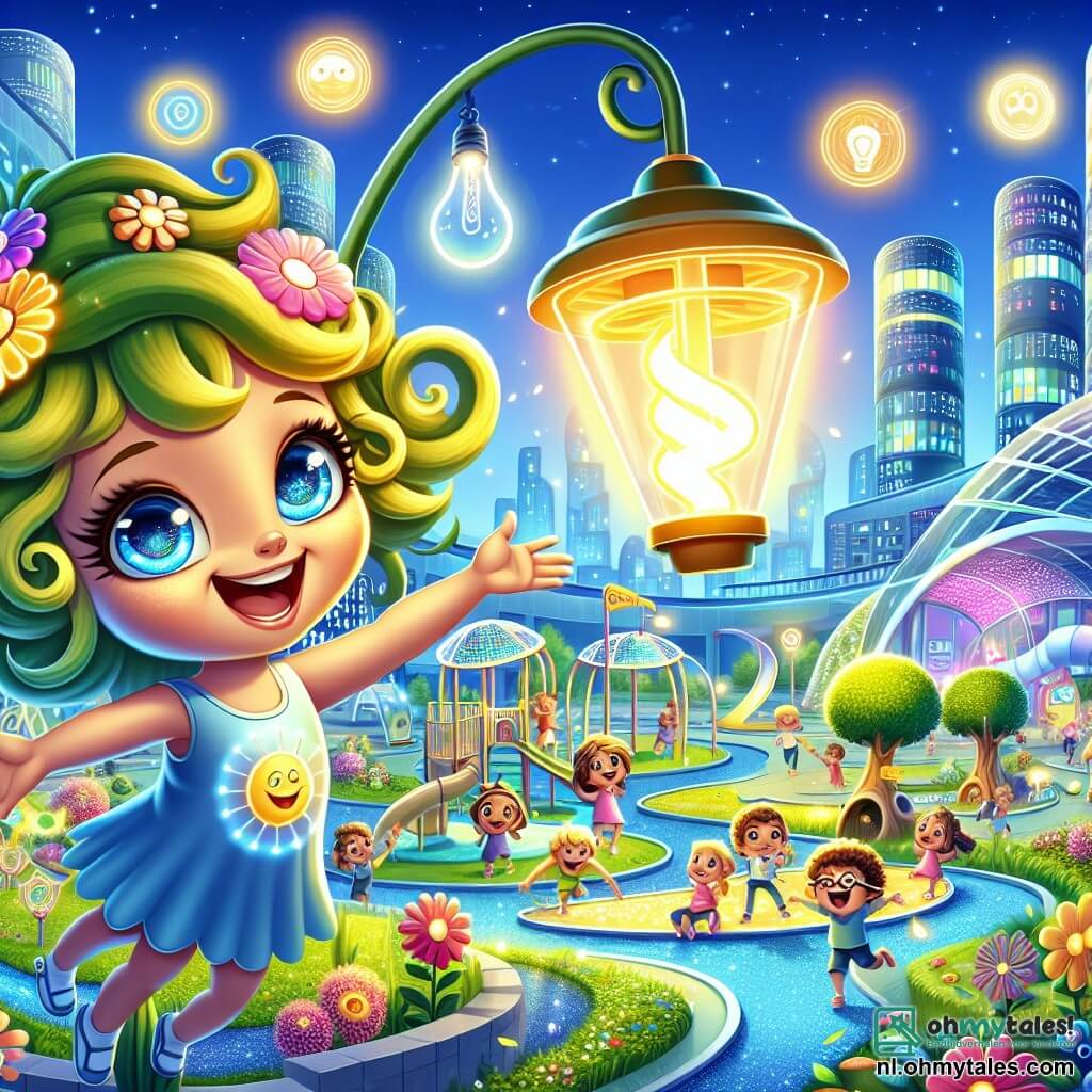 Lila, een kleine, stralende lampion met grote glanzende ogen en een stralende glimlach, zweeft vrolijk boven een futuristisch park en verlicht de gezichten van de kinderen die eronder spelen. Ze is omringd door kleurrijke bloemen en interactieve spellen, en haar uitdrukking is vol enthousiasme en nieuwsgierigheid. Mia, een klein meisje met krullend haar en grote brillen, staat naast een slimme boom die de lucht filtert, met een verwonderde blik op haar gezicht. Ze houdt een kartonnen bord vast met de tekst "Zonnestad Club" en glimlacht trots. Het park is gevuld met futuristische gebouwen in organische vormen, met daken bedekt met groen en glinsterende zonnepanelen onder de zon. Kinderen lachen en spelen rond een grote spiraalglijbaan, terwijl kleurrijke vogels in een stralende blauwe lucht vliegen. De belangrijkste situatie toont Lila en de kinderen die hun succes vieren in hun missie om Zonnestad groener en vrolijker te maken, omringd door gelach en licht, met een feestelijke en hoopvolle sfeer.