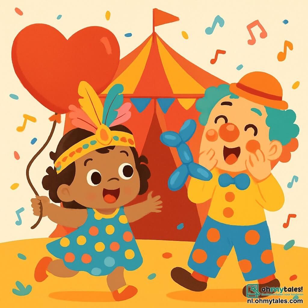 Een 2-jarig meisje met grote, glanzende ogen en krullend haar draagt een kleurrijke stippenjurk en een carnavalshoed versierd met veren. Ze danst vrolijk met een grote glimlach op haar gezicht, terwijl ze een enorme rode hartballon vasthoudt. Naast haar staat een blije clown van ongeveer 30 jaar met een rode neus en kleurrijk haar, die grimasen trekt terwijl hij een andere ballon in de vorm van een dier vasthoudt. Op de achtergrond staat een felgekleurde carnavalscircustent met lichtslingers en confetti die in de lucht zweeft, wat een feestelijke sfeer creëert. Het meisje heeft plezier terwijl ze springt en lacht, omringd door muziek en gelach in een magische carnavalswereld.