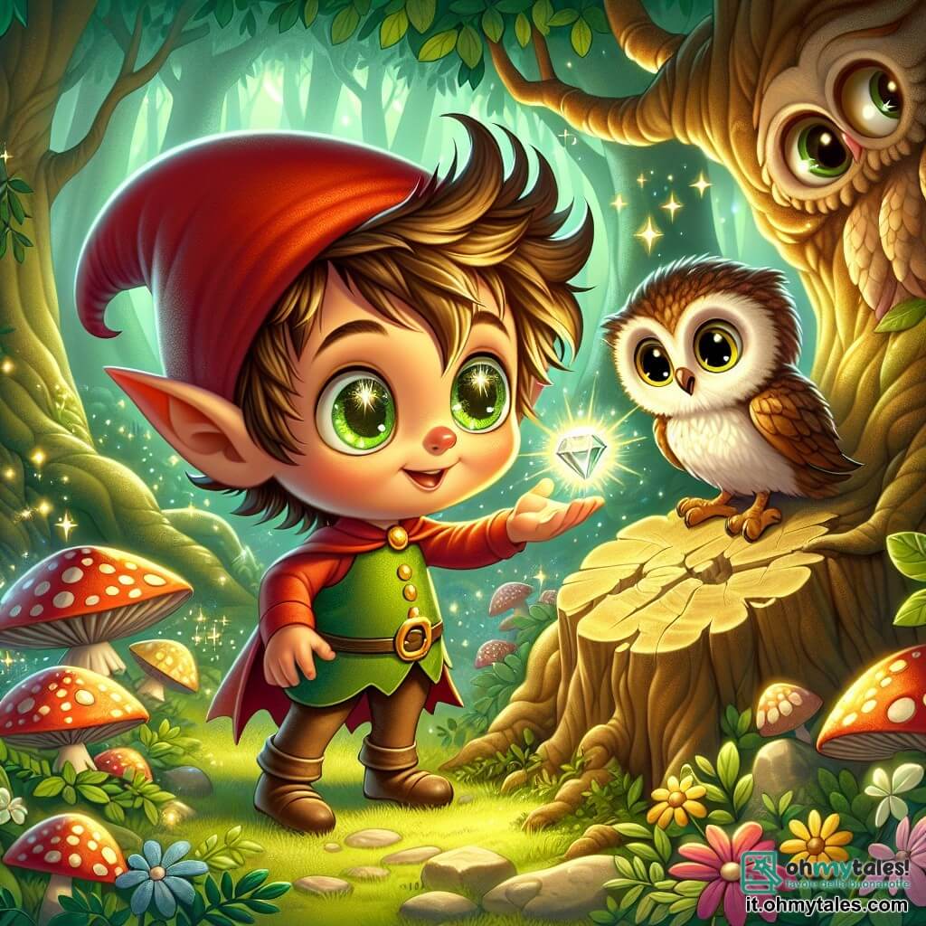 Un piccolo folletto di nome Lillo, con un grande cappello rosso a punta e occhi brillanti di curiosità, si trova al centro della scena, sorridendo con meraviglia. La sua pelle è di un verde vivace e i suoi capelli sono disordinati, come foglie nel vento. Allunga la mano verso una gemma brillante che fluttua sopra un piedistallo di legno, irradiando luce dorata. Accanto a lui, un piccolo gufo di nome Piumino, con piume morbide e marroni, guarda con occhi rotondi e attenti, posato su una pietra. Sembra preoccupato ma determinato, pronto ad aiutare il suo amico. La scena si svolge in una foresta incantata, dove grandi alberi con tronchi nodosi si ergono verso il cielo, le cui foglie scintillano come stelle. Fiori colorati e funghi giganti punteggiano il terreno, creando un paesaggio magico e vivace. Lillo e Piumino stanno scoprendo la Gemma di Luce, che brilla intensamente tra le rovine antiche, circondata da viti e da una luce soffusa. L'aria è piena di magia ed eccitazione, mentre si preparano a salvare la loro amata foresta.