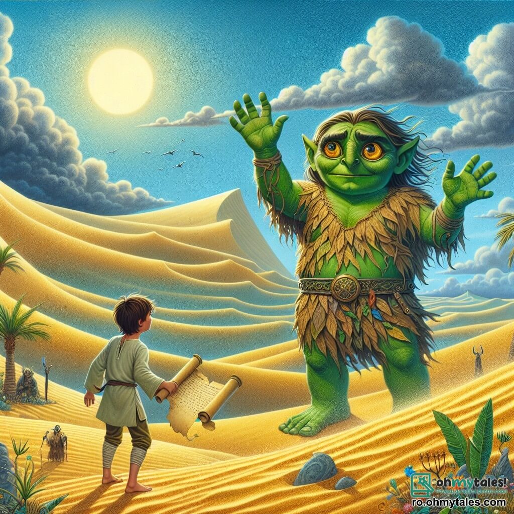 Un ogre majestueux, numit Gorog, stă în vârful unei dune de nisip auriu, cu o piele verde și ochi strălucitori de tristețe. Are părul în dezordine și poartă o tunică din frunze și liane. Gorog își ridică brațele spre cer, cerând ajutor, în timp ce o briză ușoară ridică praful din jurul său. Lângă el, un băiat de zece ani pe nume Luca, cu părul brunet și ochi strălucitori de curiozitate, privește cu admirație la ogre. Poartă o tunică simplă și pantaloni din pânză, ținând în mâini un pergament vechi care arată calea către relicvele magice. Decorul este un vast deșert, cu dune ondulate sub un cer albastru strălucitor, unde câteva nori întunecați încep să se adune la orizont, anunțând o furtună iminentă. Palme izolate și flori colorate apar ici și colo, adăugând o notă de magie peisajului arid. Situația principală îi arată pe Gorog și Luca, uniți în căutarea lor, pregătindu-se să înfrunte furtuna care le amenință lumea, simbolizând prietenia și curajul în fața adversității.