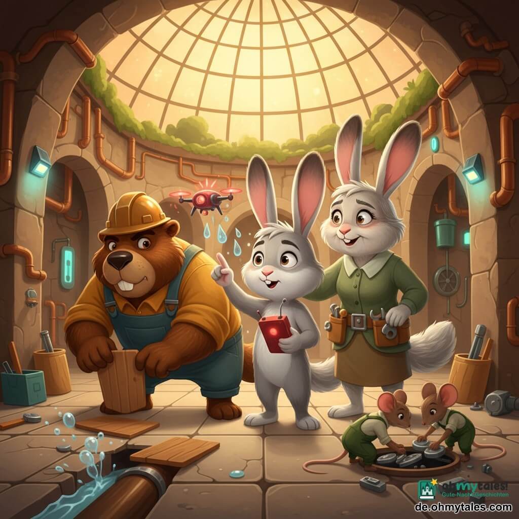 Nilo, ein junger anthropomorpher Hase mit rundem Gesicht, langen Ohren und hellgrauem Fell mit weißen Flecken, staunend und konzentriert, hält ein kleines rotes Leuchtkästchen und zeigt auf eine winzige rot blinkende Drohne über ihm; Tante Mira, eine alte weise Häsin mit silbernem Fell, lachenden Falten und einem Gürtel voller Werkzeuge, steht hinter ihm, die Hand beruhigend auf seiner Schulter; der Biberchef, massig mit glänzend braunem Fell und hellem Bauhelm, klappt einen Holzflicken über eine rissige Wasserleitung links; zwei kleine Arbeiterinnen-Mäuse in grünen Latzhosen sammeln Metallteile neben einer offenen Luke rechts vorn; Schauplatz: ein in Fels gehauener Platz mit beigen Steinplatten, Arkaden, sichtbaren Kupferrohren, begrünten Dächern, integrierten LED-Lichtern und einer großen Glaskuppel, die goldenes Licht spendet; Situation: kooperative Notfallszene wegen eines Wasserlecks, die Drohne blinkt rot, alle organisieren sich um die beschädigte Leitung, Werkzeuge und Wassertropfen, angespannte aber ruhige Atmosphäre, warme Farben mit blauen und grünen Neonakzenten.