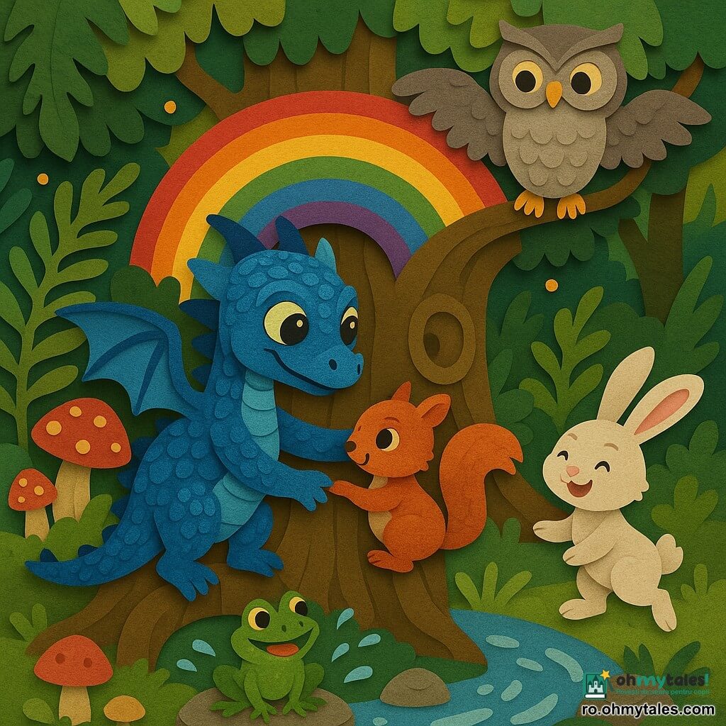 Nira, un mic dragon albastru cu solzi strălucitori, întinde aripa pentru a ajuta o veveriță roșcată speriată dar ușurată, agățată de labă pe trunchiul unui copac; un iepure alb vesel privește scena de pe marginea unui pârâu, o broască verde este pe o piatră în apă, iar o bufniță cenușie, cu ochi înțelepți, stă pe o creangă deasupra; totul se petrece într-o poiană fermecată cu ferigi uriașe, ciuperci colorate, trunchiuri sculptate și un copac străvechi în centru cu un curcubeu, într-un moment cald de solidaritate și aventură.