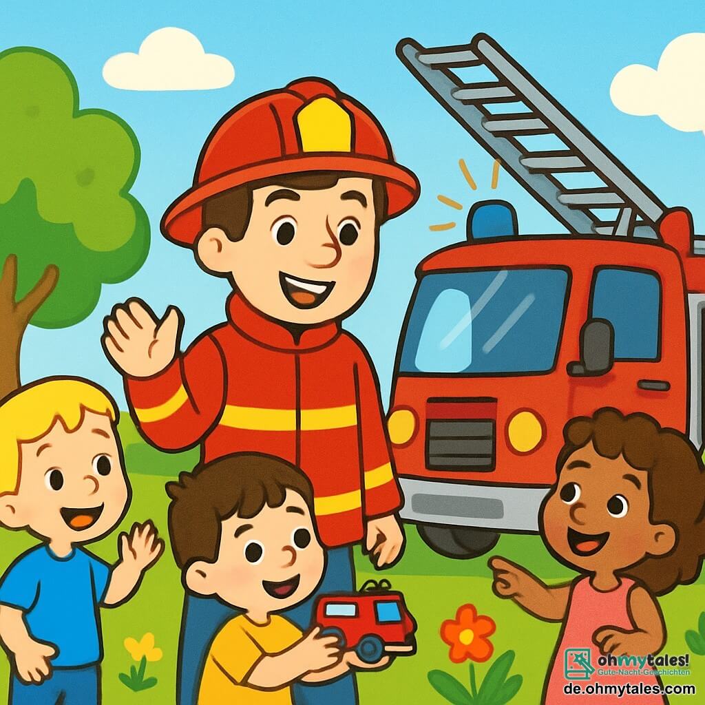 Ein Mann, Paul, lächelt begeistert und trägt eine glänzende rote Feuerwehrjacke. Er hat braune Haare und strahlende Augen. Paul steht neben einem großen roten Feuerwehrauto mit blinkenden Lichtern und einer ausgefahrenen Leiter. Neben ihm steht eine Gruppe von drei Kindern, zwei Jungen und einem Mädchen, im Alter von 5 bis 7 Jahren, die fasziniert zuschauen. Der erste Junge mit blonden Haaren trägt ein blaues T-Shirt und winkt. Der zweite Junge mit braunen Haaren hält ein kleines Feuerwehrspielzeug. Das Mädchen mit lockigen Haaren und einem rosa Kleid lächelt und zeigt auf das Feuerwehrauto. Die Szene spielt in einem sonnigen Park mit grünen Bäumen und bunten Blumen. Im Hintergrund schweben weiße Wolken am blauen Himmel. Paul erklärt den Kindern, wie das Feuerwehrauto funktioniert, während sie aufmerksam zuhören, mit leuchtenden Augen vor Aufregung.