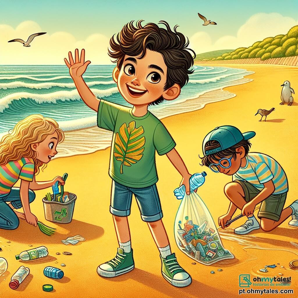 Um menino de 12 anos, chamado Pedro, está no centro do palco, com um grande sorriso no rosto e os olhos brilhando de entusiasmo. Ele tem cabelo castanho bagunçado, usa uma camiseta verde com estampa de folha e um short de denim, segurando um saco de lixo em uma mão enquanto levanta a outra para cumprimentar seus amigos. À sua direita, Luísa, uma menina de 11 anos com cabelo longo e cacheado, usa um boné de beisebol e uma camiseta colorida. Ela está recolhendo lixo na areia, com um olhar determinado. À esquerda, João, um menino de 12 anos com óculos e camiseta listrada, está agachado, examinando uma garrafa plástica que encontrou, parecendo perplexo, mas engajado na missão. A cena acontece em uma praia ensolarada, com areia dourada brilhando sob o sol, ondas suaves quebrando na costa e árvores verdes ao fundo. A situação principal mostra Pedro e seus amigos em ação, recolhendo lixo na praia e discutindo alegremente sobre a importância de proteger o meio ambiente e conscientizar os outros sobre a luta contra a mudança climática.