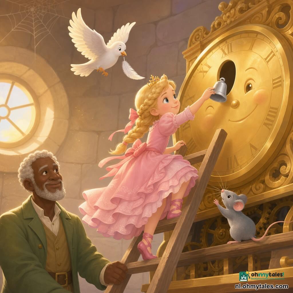 Prinses Linde, ongeveer 7 jaar, rond gezicht en blonde gevlochten haren in een pastelroze rucher jurk, klimt een houten ladder op om een kleine zilveren klokbel terug te zetten in een grote gouden klok; een grijze muis duwt de bel met zijn neus vanaf een hoekje, een witte duif zweeft naast haar en laat een veertje vallen, en een oude tuinman van zo'n 60 jaar houdt stevig de ladder vast en glimlacht terwijl warme geelachtige lichtstralen door een ronde dakluik de heldhaftige, tedere samenwerking verlichten.