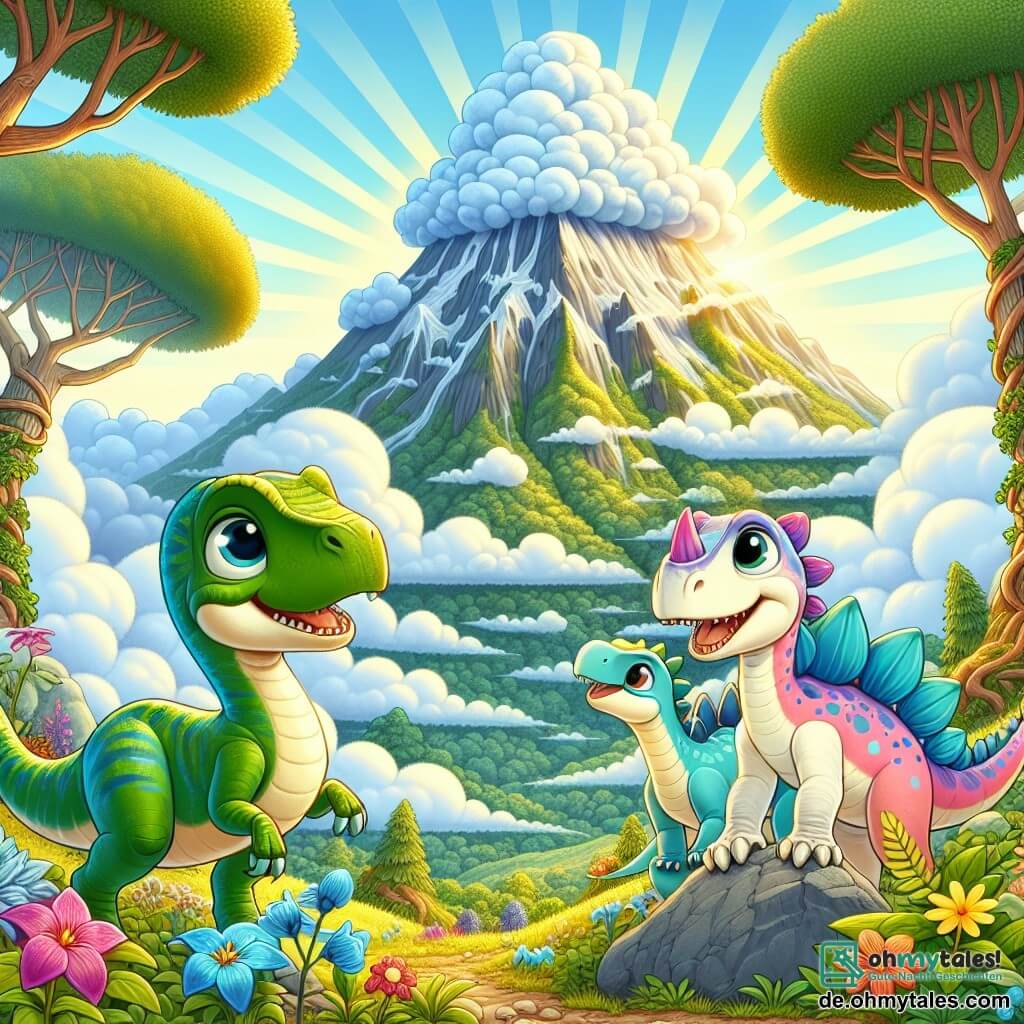 Ein kleiner Velociraptor namens Riko, mit glänzenden grünen Schuppen und großen, ausdrucksvollen Augen, steht entschlossen und fröhlich auf einem Felsen, bereit für ein Abenteuer. Neben ihm schaut seine beste Freundin Lila, ein kleiner Parasaurolophus in Pastellfarben, begeistert mit aufgerichteten langen Ohren und einem strahlenden Lächeln. Im Hintergrund beugt sich Spike, ein Stegosaurus mit bunten Platten auf dem Rücken, um eine schöne blaue Blume zu bewundern, die er gerade gefunden hat, und zeigt ein glückliches Gesicht. Die Szene spielt am Fuß eines majestätischen Wolkenbergs, einem riesigen Berg, der von sanften Wolken und üppigem Grün bedeckt ist, mit leuchtenden Blumen und knorrigen Bäumen. Sonnenstrahlen brechen durch die Wolken und erleuchten die Landschaft mit goldenem, warmem Licht. In dieser Illustration bereiten sich Riko und seine Freunde darauf vor, den Wolkenberg zu erklimmen, vereint durch ihre Freundschaft und den Wunsch, die Geheimnisse zu entdecken, die sie an der Spitze erwarten.