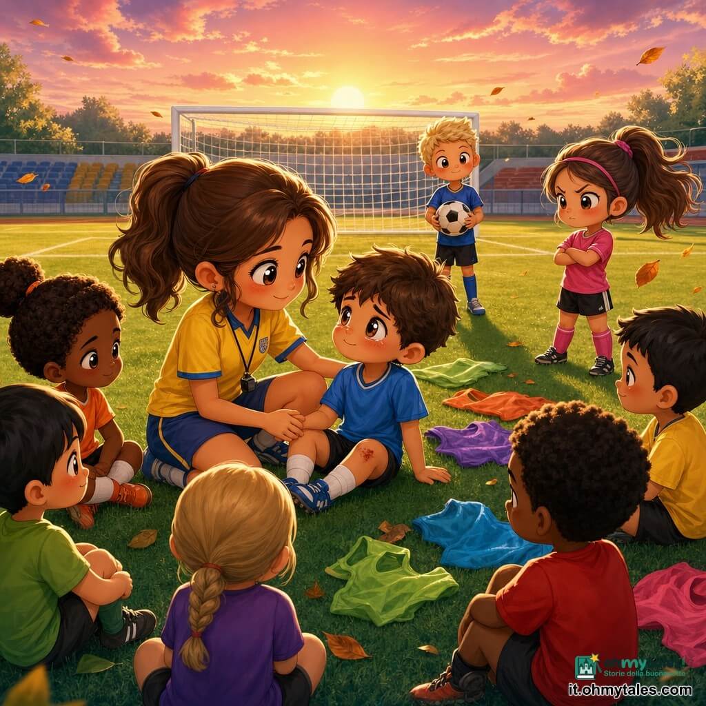 Donna allenatrice protagonista: donna sorridente e serena, capelli castani raccolti in coda, occhi grandi, tenuta da calcio gialla e blu, inginocchiata che tiene la mano di un bambino e fa un gesto di respirazione; Bambino 8 anni (Tommaso): volto arrossato e lacrimoso, ginocchio scalfito, seduto accanto all’allenatrice con un piccolo sorriso rassicurato; Bambino 10 anni: tiratore del rigore, concentrato e sicuro, capelli corti biondi, in piedi dietro il punto di rigore con il pallone; Ragazza avversaria 9 anni: arrabbiata che si ammorbidisce, mani inizialmente incrociate poi respira, osserva da lontano; Luogo: campo di calcio in erba verde con linee bianche, pali con rete, qualche foglia al vento, spalti piccoli e cielo al tramonto rosa-arancio; Situazione: l’allenatrice calma i bambini dopo un’azione, momento di respiro condiviso, bambini seduti in cerchio, pettorine colorate sparse, atmosfera calda e benevola, illuminazione morbida, espressioni in stile chibi kawaii.