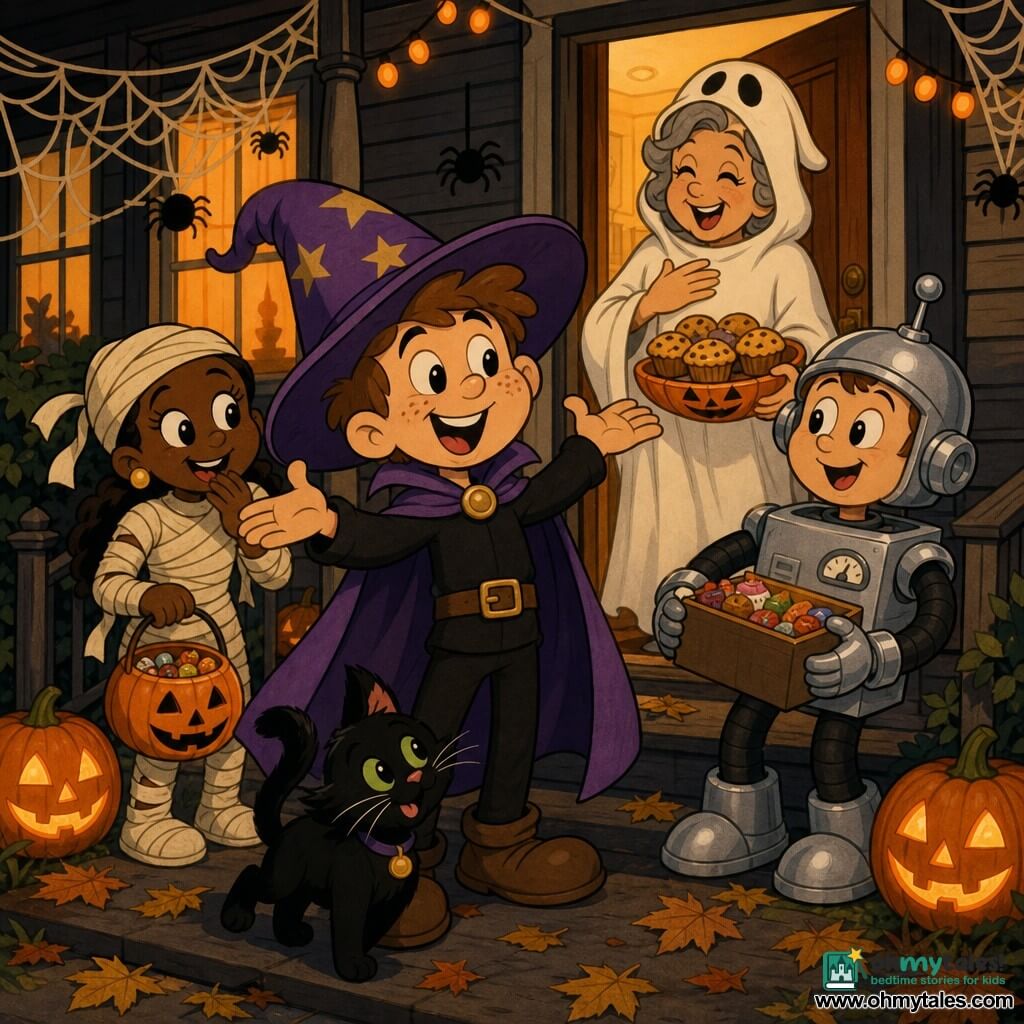 Max, a 10-year-old boy with a round freckled face, confident smile and sparkling eyes, wears an oversized purple wizard hat and cape, standing on the doorstep with arms raised telling a Halloween joke; behind him Olivia, about 10, in slightly torn mummy wrappings holds a candy bucket and giggles to his left, Jake, about 10, dressed as a robot with a shiny silver helmet holds a candy box to his right, Mia the small playful black cat with bright green eyes rubs against Max's legs, and Mrs. Willow, an adult woman laughing under a comical ghost sheet with gray hair visible, stands in the lit back door offering a plate of pumpkin muffins; scene on a dark-painted wooden porch with pumpkin lanterns on the steps, fake cobweb garlands, warm lights inside and scattered golden leaves — a warm, festive Halloween moment with friends encouraging Max.