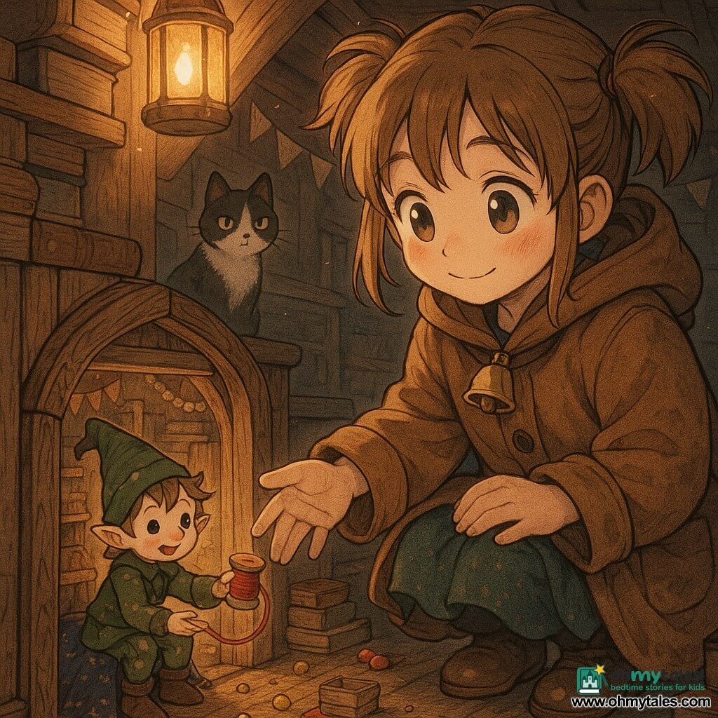 Mira, a 10-year-old girl, smiles softly with wide bright eyes and rosy cheeks, hair in messy pigtails, wearing an oversized coat with a bell at the collar; she crouches and reaches toward a tiny wooden door. The Mischievous Elf, toy-sized childlike being in a green patchwork outfit and pointed hat, mischievous face and sparkling eyes, sits on a spool in a tiny room behind the door and offers a spool of red ribbon to Mira. Pepper the cat, black with white patches, watches from a stair step with curious half-closed eyes. The scene is in a warm lantern-lit attic with visible wooden boards, stacked books, paper garlands, scattered miniature objects (thimble cup, matchbox bed, velvet fabrics) and dust motes in the light. Visual style: soft manga, clean lines, warm colors, pronounced wood and fabric textures, tender exaggerated expressions.