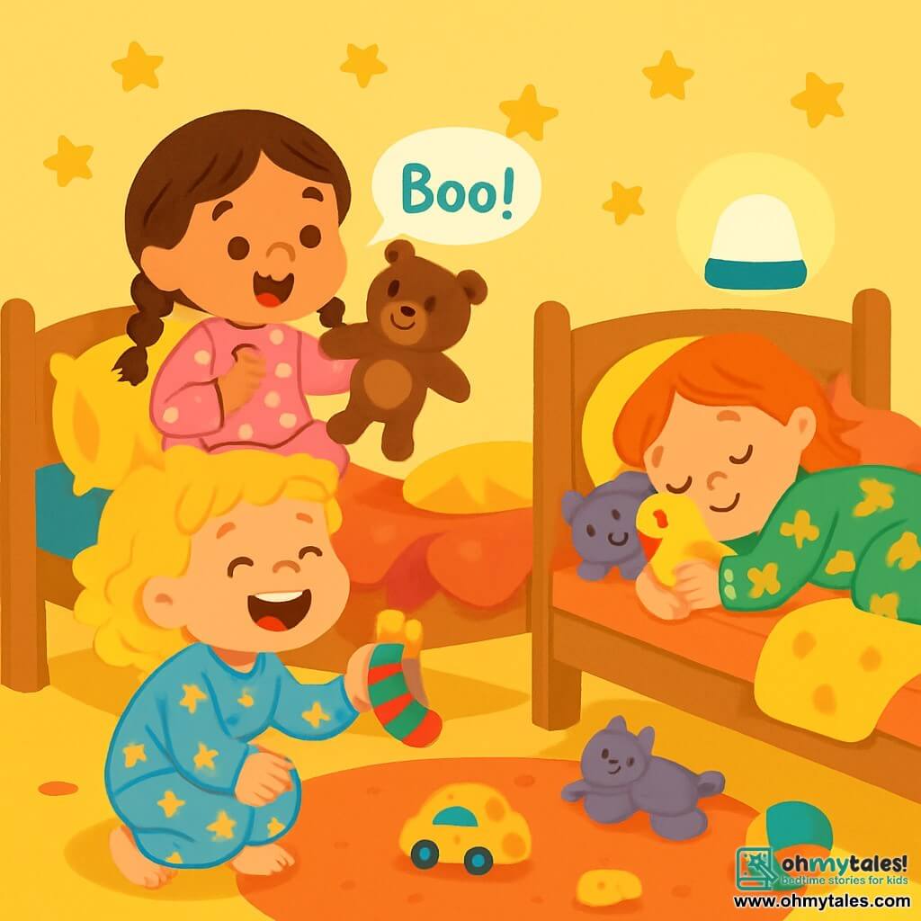 There are 3 characters: Tilly: a 5-year-old girl with brown braided hair, wearing a pink polka dot pajamas. She is sitting on her bed, holding a smiling teddy bear. Bella: a 4-year-old girl with curly blonde hair, wearing a blue pajamas with stars. She is crouched near her bed, laughing while holding a colorful sock. Rosie: a 5-year-old girl with red hair, wearing green pajamas with ducks. She is lying on her bed, surrounded by stuffed animals, cuddling a plastic duck. The setting is a warm children's room with pastel yellow walls, shining stars stuck to the ceiling, and toys scattered on the floor. Colorful cushions are arranged on the beds, and a soft night light illuminates the room. The main scene shows the three girls laughing and playing together, Tilly saying "Boo!" with her teddy bear, Bella bursting into laughter because of her hidden sock, and Rosie cuddling her plastic duck, all in a joyful and playful atmosphere.