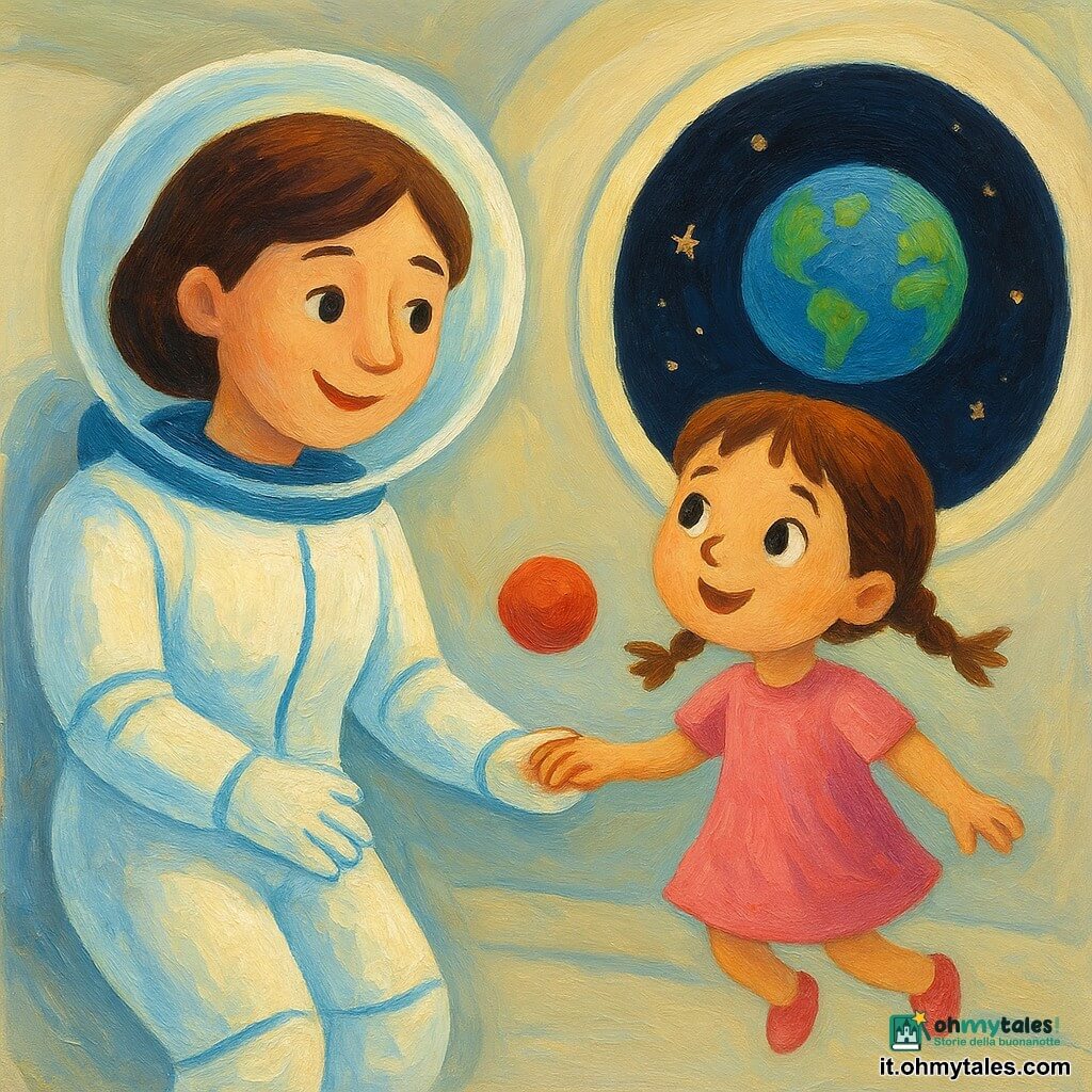 Un'astronauta sorridente e rassicurante in tuta spaziale bianca lucida con cuciture blu, capelli castani corti sotto un casco trasparente, tiene la mano della figlia e la guarda con tenerezza; la bambina di circa 4 anni, capelli castani in due piccole trecce, occhi grandi e meravigliati, indossa un abitino rosa e fluttua tenendo una palla rossa. L'interno della navicella è luminoso e arrotondato con pareti bianche lisce e un grande oblò che mostra la Terra blu e stelle su sfondo nero. Madre e figlia fluttuano fianco a fianco, mani unite, palla rossa sospesa tra loro, luce morbida, colori caldi, tratti arrotondati e texture spesse simili a pittura acrilica, palette pastello e contrasti netti per attirare i più piccoli.