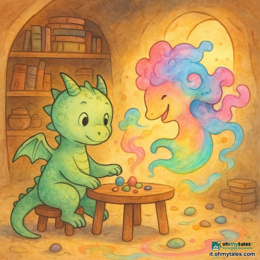 Zefiro, piccolo drago domestico dal muso rotondo e occhi dolci, squame verde pallido lucide, timido ma curioso, seduto su uno sgabello accanto a una mensola di legno mentre sistema con cura piccole pietre colorate; Flumina, creatura aerea come un arcobaleno liquido con criniera di vapore rosa e azzurro, sorride maliziosa e soffia una nuvola colorata che fa volare una pietra vicino a Zefiro; entrambi al centro della caverna-cozza di Zefiro con pareti di roccia morbida, finestre arrotondate che filtrano luce dorata e scaffali ordinati con libri e scatole; poche pietre rotolano e scie di vapore colorato tracciano motivi luminosi intorno a sculture improvvisate; atmosfera calda e accogliente, contrasto tra l'ordine meticoloso di Zefiro e le forme fluide e colorate di Flumina, scena di tolleranza con i due che collaborano a una piccola scultura su un tavolino; stile inchiostro colorato, tratti netti, texture morbide, palette pastello vivace con accenti dorati.