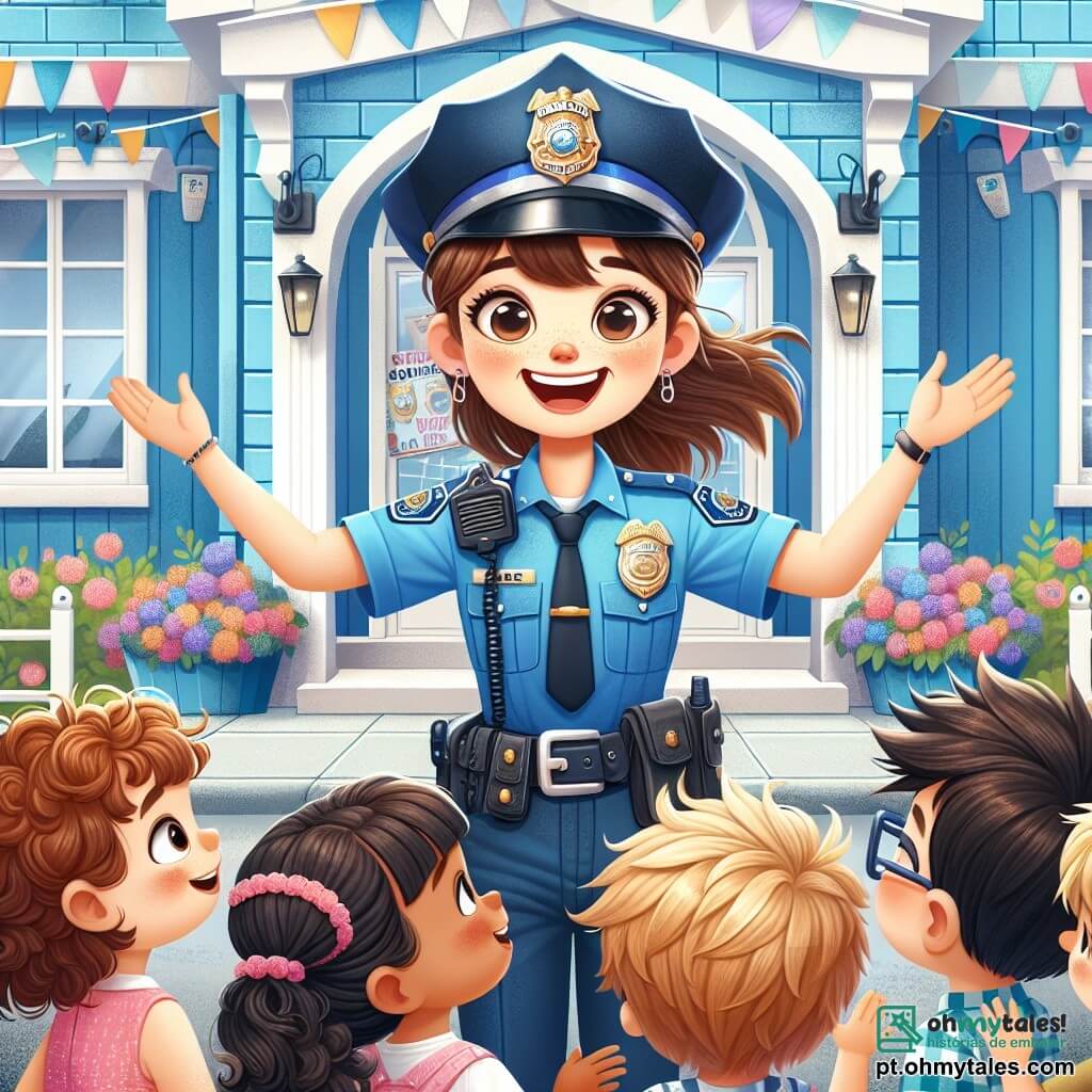 Uma policial sorridente, Clara, na casa dos trinta anos, com cabelos castanhos presos em um rabo de cavalo, veste um uniforme azul vibrante e um chapéu de policial. Ela está em pé diante da porta da delegacia, com os braços abertos, recebendo as crianças com entusiasmo. Seus olhos brilham de alegria e orgulho. Ao seu redor, um grupo de cinco crianças, com idades entre 7 e 9 anos, se aproxima com curiosidade. Uma menina de cabelos cacheados, vestindo um vestido rosa, levanta a mão para fazer uma pergunta. Ao lado dela, um menino de óculos redondos e camisa xadrez olha para Clara com admiração. Outra criança, um menino de cabelos loiros bagunçados, segura um pequeno caderno, pronto para anotar. A cena acontece diante de uma bela delegacia de polícia, com paredes pintadas de azul e bandeiras flutuando. Flores coloridas estão plantadas ao redor da entrada, adicionando um toque de alegria ao ambiente. Clara explica entusiasticamente sua profissão para as crianças, mostrando objetos de polícia como uma lanterna e um apito, enquanto elas a escutam atentamente, com os olhos arregalados de admiração.