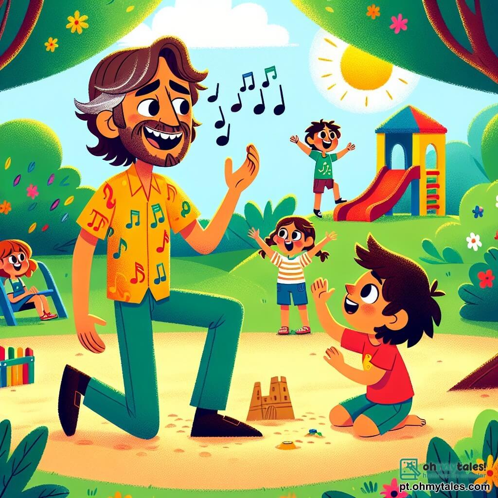 O personagem principal é um homem, o Sr. Carlos, um cantor de sorriso caloroso. Ele tem cabelos castanhos levemente ondulados e usa uma camisa colorida com padrões musicais. Ele está de pé no centro, com os braços abertos, cantando com paixão, uma expressão de alegria iluminando seu rosto. Ao seu lado, Miguel, um garoto de 7 anos, tem cabelos negros bagunçados e usa uma camiseta vermelha. Ele pula de alegria, com os braços levantados, cantando entusiasticamente. Ana, uma menina de 6 anos com longos cabelos loiros trançados, está sentada no chão, construindo um castelo de areia, mas olha para o Sr. Carlos com admiração, um grande sorriso em seu rosto. A cena acontece em um parque ensolarado, cercado por árvores verdes e flores coloridas. Um grande escorregador e balanços são visíveis ao fundo, enquanto crianças brincam alegremente ao redor. A situação principal mostra o Sr. Carlos recuperando sua voz através da música e do entusiasmo das crianças, criando uma atmosfera de felicidade e camaradagem, onde a alegria de cantar ressoa no ar.