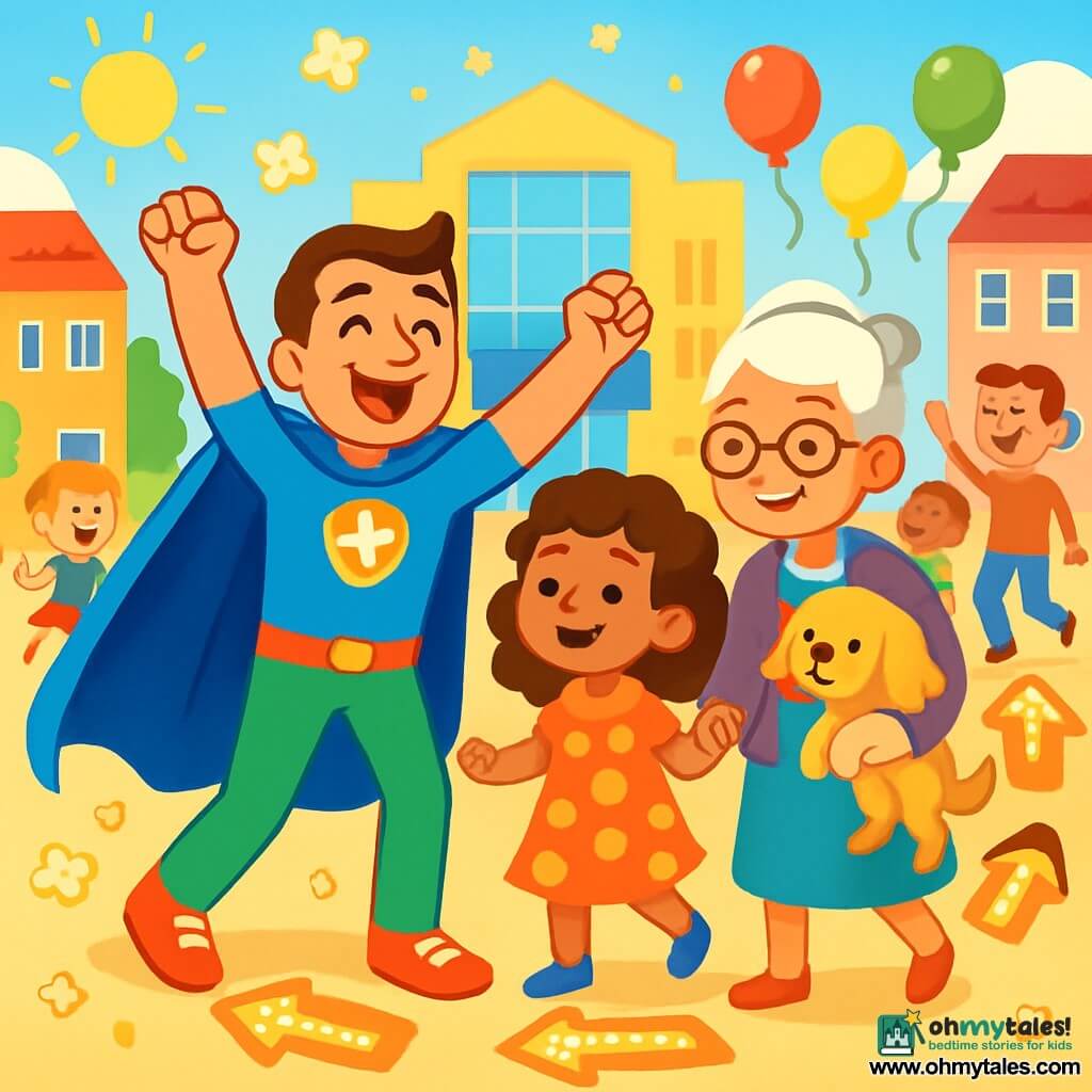 A man in a blue cape, named Captain Calm, stands in the center of the scene with a big joyful smile and determined eyes. He wears shiny sneakers and a colorful t-shirt, his arms raised in celebration. Next to him is a 7-year-old girl with curly hair in a polka-dot dress, holding the hand of a smiling grandmother with round glasses and a neat bun. The grandmother, around 70 years old, holds a small golden dog named Noodle, who looks curious. The scene takes place in a sunny plaza surrounded by colorful buildings and a sparkling mall, with floating balloons and cheerful people. Popcorn flakes fall from the sky, creating a festive atmosphere. The main situation shows Captain Calm leading a joyful crowd in a fun dance, with children and adults following the glowing arrows he created, all laughing and having fun together in a spirit of camaraderie and happiness.