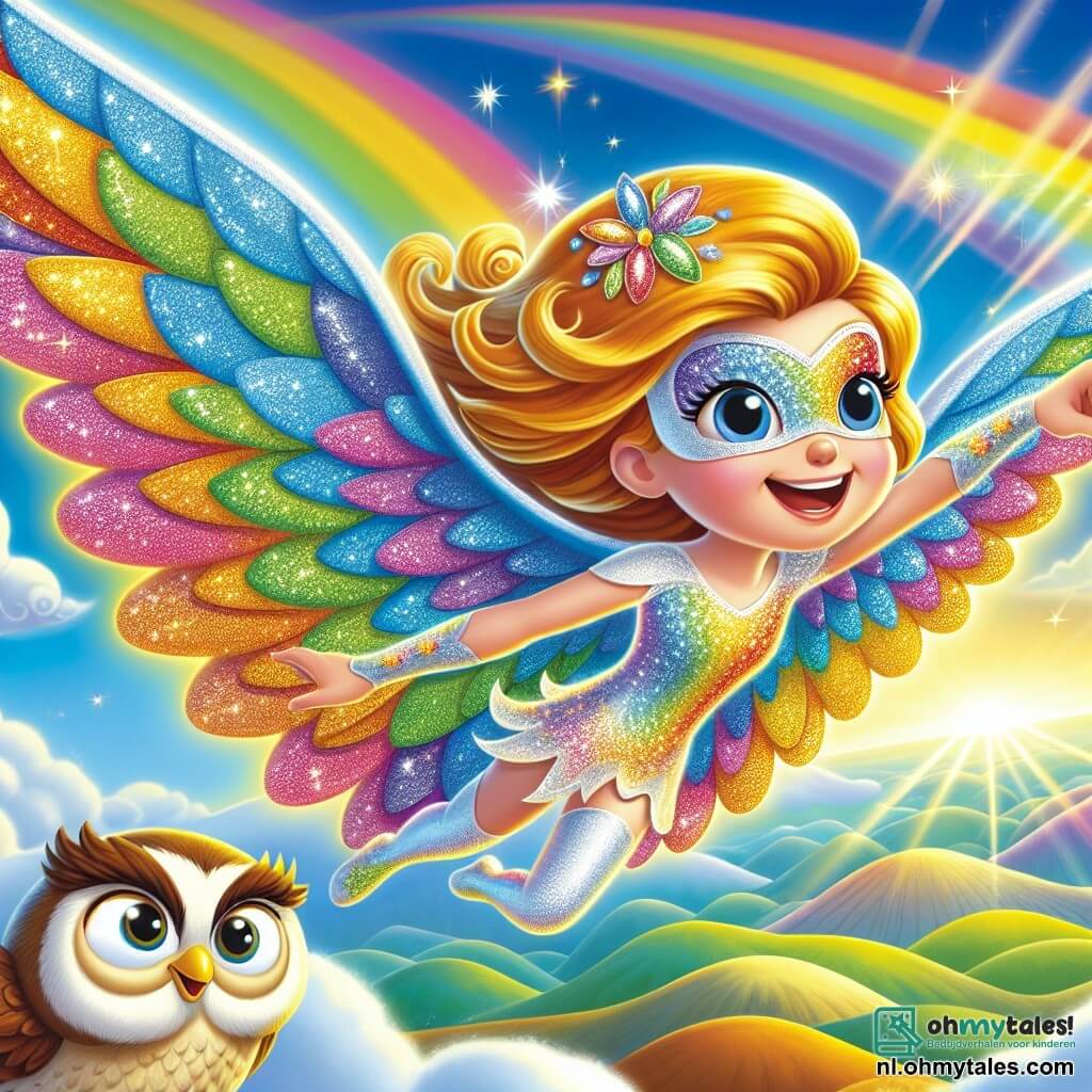 Glimlachia, een superheldin met glinsterende vleugels in alle kleuren van de regenboog, vliegt vrolijk door de lucht. Haar gezicht straalt van geluk en vastberadenheid, met een grote glimlach die haar sprankelende ogen verlicht. Ze draagt een glanzend kostuum, versierd met bloemmotieven, dat het zonlicht weerkaatst. Naast haar zweeft Osbert, een wijze uil met bruine veren en grote ronde ogen. Hij kijkt bewonderend naar Glimlachia, met zijn vleugels uitgespreid, klaar om haar te helpen in hun avontuur. De scène speelt zich af op de majestueuze Regenboogbergen, waar kleurrijke bergen oprijzen onder een stralende blauwe lucht. Grote witte wolken drijven rond, en een prachtige gouden lichtstraal filtert erdoorheen, wat een magische sfeer creëert. Glimlachia en Osbert ontdekken een klein verdrietig wolkje, verloren tussen de bergen. Glimlachia nadert vriendelijk, klaar om het wolkje te troosten en te helpen zijn vrienden terug te vinden.