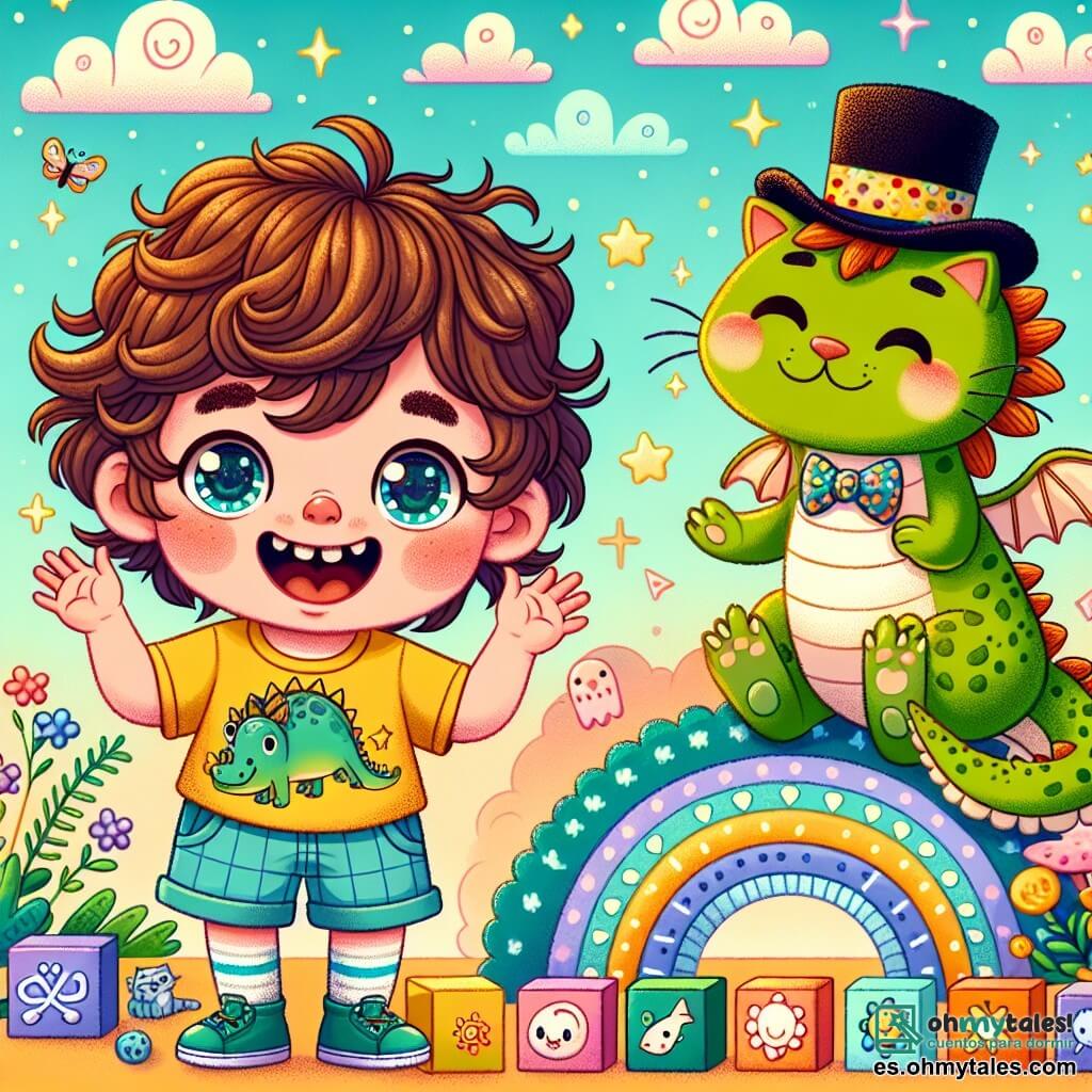 Un niño de 2 años, Lucas, con cabello castaño desordenado y ojos llenos de curiosidad, está haciendo muecas y riendo, con sus mejillas redondas y rosadas iluminadas por una gran sonrisa. Lleva una camiseta amarilla con un diseño de dinosaurio y pantalones cortos azules. A su lado, un gato vestido con un sombrero de copa y una corbata colorida, que parece tener unos 5 años en edad humana, está sentado sobre una pila de bloques de colores. El gato sonríe y aplaude a Lucas, con sus ojos verdes brillando de travesura. Al fondo, un dragón dormido, con escamas verdes y alas extendidas, está acostado sobre una nube esponjosa en un cielo azul pastel, rodeado de pequeñas estrellas brillantes. Flores coloridas y hongos divertidos crecen a su alrededor, añadiendo un toque de magia al entorno. La escena muestra a Lucas haciendo muecas para despertar al dragón, mientras el gato lo anima con una gran sonrisa. La atmósfera es alegre y lúdica, llena de colores vivos y un ambiente fantástico.