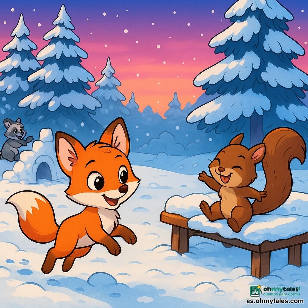 Un pequeño zorrito de pelaje rojo brillante, con grandes ojos curiosos y una sonrisa alegre, salta de piedra en piedra en una plaza nevada, dejando huellas en la nieve fresca. Junto a él, una ardilla traviesa, de pelaje marrón y cola esponjosa, se ríe mientras se desliza sobre un banco cubierto de nieve, con ojos chispeantes de picardía. Al fondo, árboles con ramas cargadas de nieve se alzan majestuosamente, y un cielo crepuscular de tonos rosados y violetas ilumina la escena. La plaza está animada por pequeños mapaches que construyen un fuerte de nieve, sus risas resonando en el aire frío y puro. Zorrito y Lía, rodeados de sus nuevos amigos, comparten un momento de alegría y amistad, transformando el invierno en una aventura mágica.