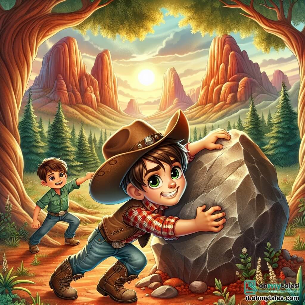 Un giovane cowboy, Jack, un ragazzo di circa 12 anni, si trova al centro dell'immagine, con un ampio sorriso sul viso. Indossa un grande cappello da cowboy, una camicia a quadri rossi e blu, e stivali di pelle usurati. Sta spingendo una enorme roccia con tutte le sue forze, i muscoli tesi e gli occhi brillanti di eccitazione e determinazione. Accanto a lui, il suo migliore amico Tom, un ragazzo di 11 anni, con capelli castani e occhi scintillanti, lo incoraggia con uno sguardo ammirato. Tom indossa una camicia verde e un bandana rosso attorno al collo, e si tiene leggermente in disparte, pronto ad aiutare. Lo sfondo è quello della valle degli spiriti, con montagne maestose, alberi secolari e una luce dorata del sole al tramonto che illumina la scena. La situazione principale mostra Jack e Tom che cercano di spostare una grande roccia per rivelare un tesoro nascosto, simboleggiando il loro coraggio e la loro amicizia in questa avventura emozionante.