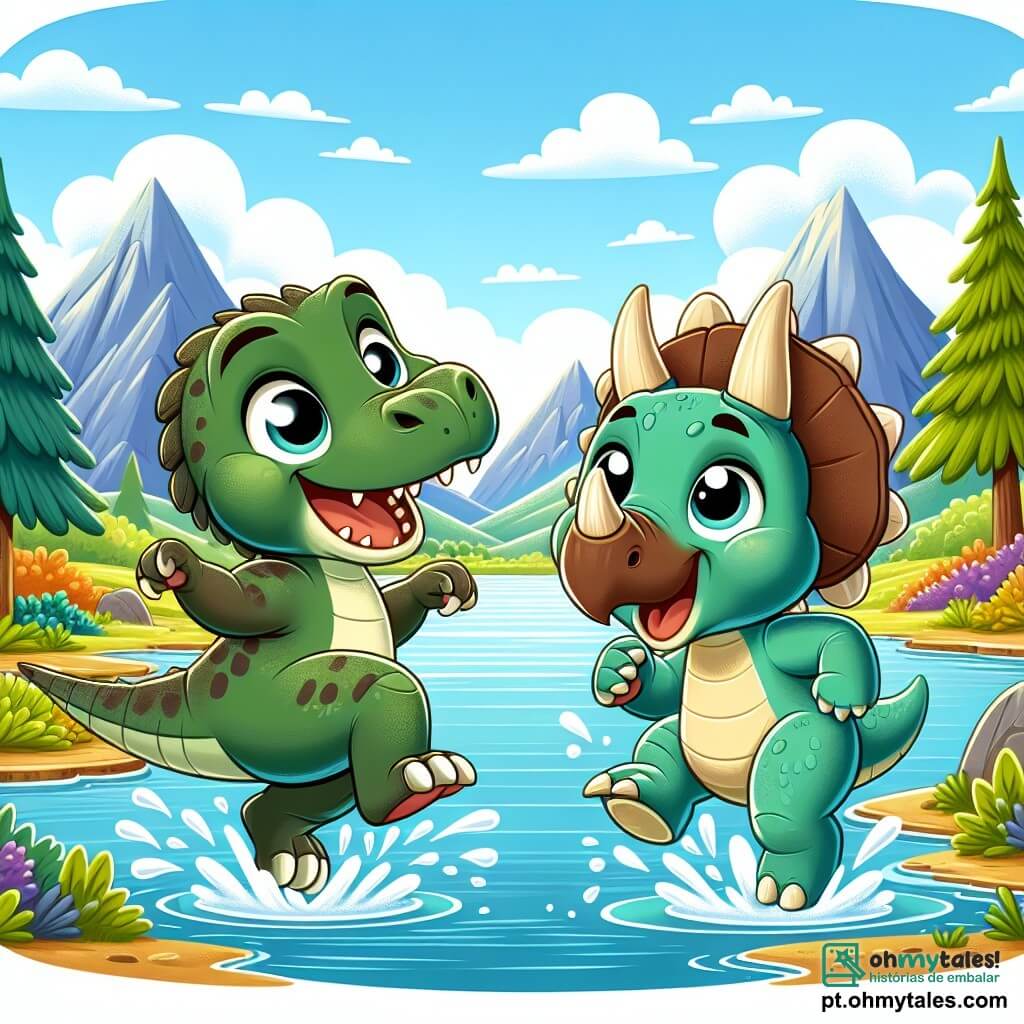 Um velociraptor chamado Léo, com penas verdes e olhos curiosos, salta alegremente perto de um lago cintilante, seu sorriso largo mostrando sua empolgação. Ao lado dele, um tricerátops chamado Tico, com pele marrom e majestosas chifres, espirra água enquanto ri, seus olhos brilhando de felicidade. O lago é cercado por montanhas majestosas e grandes árvores com folhas coloridas, criando uma paisagem encantadora sob um céu azul claro. Léo e Tico se divertem juntos, brincando na água, ilustrando a amizade e a alegria de descobrir um lugar especial.