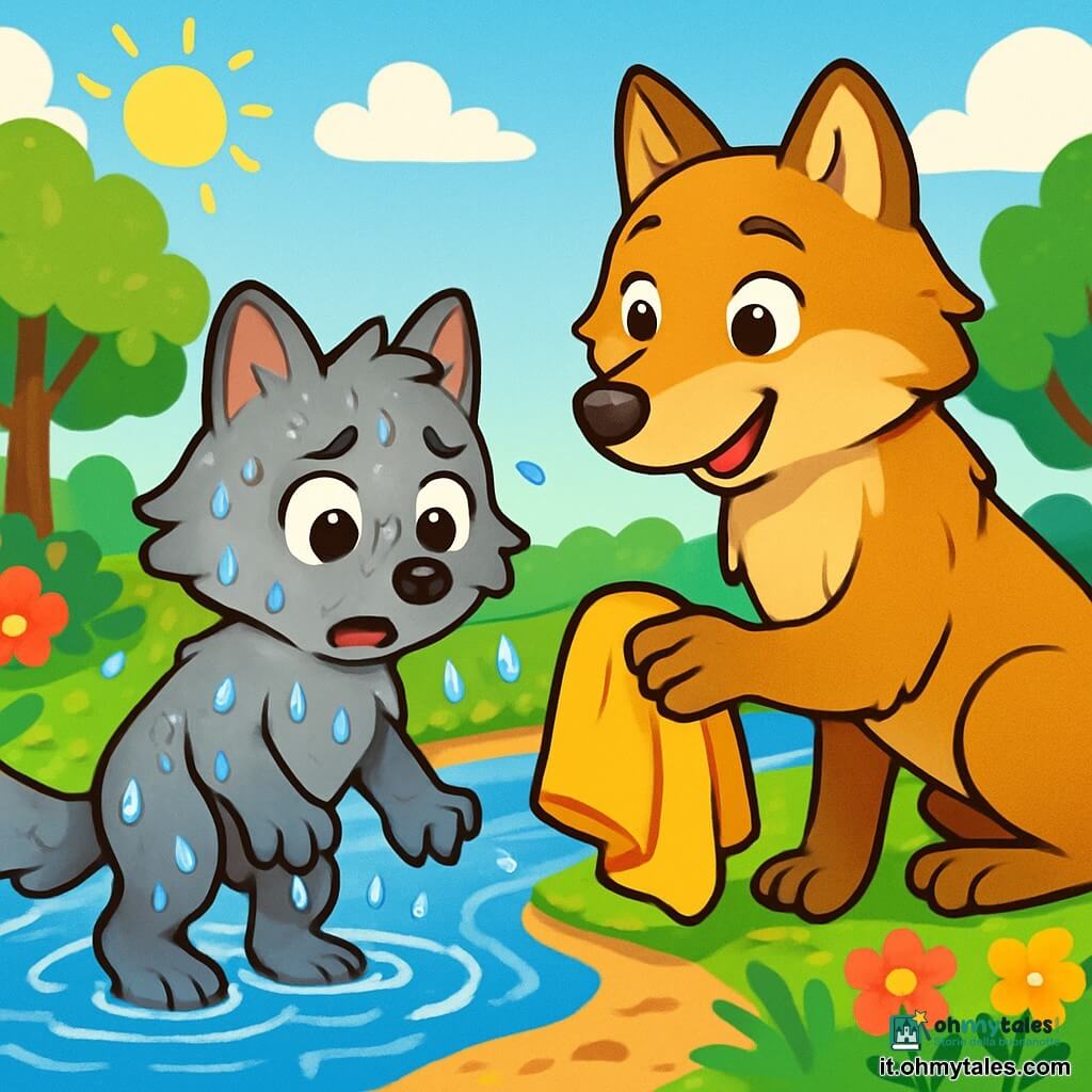 Un piccolo lupo di nome Lino, con un morbido pelo grigio e occhi brillanti, si trova accanto a un ruscello scintillante, con un'espressione sorpresa e un po' preoccupata. È bagnato, con gocce d'acqua che brillano sul suo pelo, e guarda le sue zampe anteriori, come se fosse appena caduto. Accanto a lui, la sua mamma, una grande lupa dal pelo marrone dorato, lo osserva con un sorriso benevolo e occhi pieni d'amore, mentre gli porge un asciugamano morbido per aiutarlo a asciugarsi. Il ruscello scorre placidamente, circondato da alberi verdi con foglie brillanti, e fiori colorati crescono lungo le rive. Il cielo è blu con alcune nuvole bianche soffici, e il sole splende dolcemente, creando riflessi nell'acqua. La scena principale mostra Lino, un po' tremante, che realizza di aver commesso un errore giocando vicino all'acqua, mentre la sua mamma lo incoraggia con tenerezza, insegnandogli l'importanza di fare attenzione.