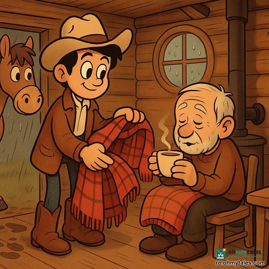 Un tânăr cowboy (14–16 ani), zâmbitor, ochi mari şi strălucitori, piele uşor bronzată, poartă o jachetă mare maro, o cămaşă crem, o pălărie bej şi cizme de piele uzate; întinde o mare pătură roşie în carouri şi o cană de ceai fumegândă către un bătrân. Un bărbat în vârstă (≈70 ani), cu faţa brăzdată de riduri, păr cenuşiu şi barbă scurtă, în pulover maro, stă lângă un sobă din fontă; primeşte pătură şi sufla în cană pentru a-şi încălzi mâinile tremurânde. Un cal brun numit Puf, cu ochi expresivi şi coamă uşor zburlită, stă chiar la uşa cabanei, privind scena, cu nări lucioase şi copite cu urme de noroi. Interiorul este cald: cabană mică din lemn cu pereţi din şipci, pietre în jurul sobei, o fereastră rotundă îngheţată cu picături de ploaie şi o lumină portocalie blândă care luminează obiecte simple (masă şi scaun din lemn, pătură pliată). Scena principală: tânărul oferă pătură roşie şi ceai fierbinte bătrânului lângă sobă; atmosferă intimă, reconfortantă şi plăcută, ploaie fină vizibilă prin fereastră.
