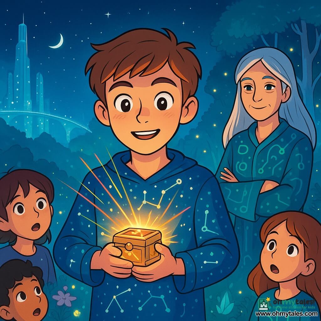 A young boy, Elias, about 12 years old with light brown hair and curious sparkling eyes, stands at the center of the image. His face shows joyful determination, with a slight smile and cheeks flushed with excitement. He wears a lightweight tunic adorned with shimmering constellation patterns and holds a small glowing box emitting colorful light bursts. Beside him is an elderly woman, Chief Astra, around 50 years old, with silver hair and wise eyes, watching Elias with an encouraging gaze. She is dressed in a flowing robe sprinkled with technological symbols, standing slightly back with her arms crossed, ready to support him. The setting is a fantastical landscape where the shimmering Skybridge connects two worlds: one side features sparkling glass towers under a starry sky, while the other showcases a forest of tall silver trees illuminated by fireflies. The ground is dotted with luminescent flowers and shining crystals, creating a magical atmosphere. The main scene shows Elias, focused, singing a melody to activate the Skybridge mechanism, while bursts of light dance around him, symbolizing the restoring energy. Curious and amazed children from Lumen and Verdara gather around him, their faces lit by hope and wonder.