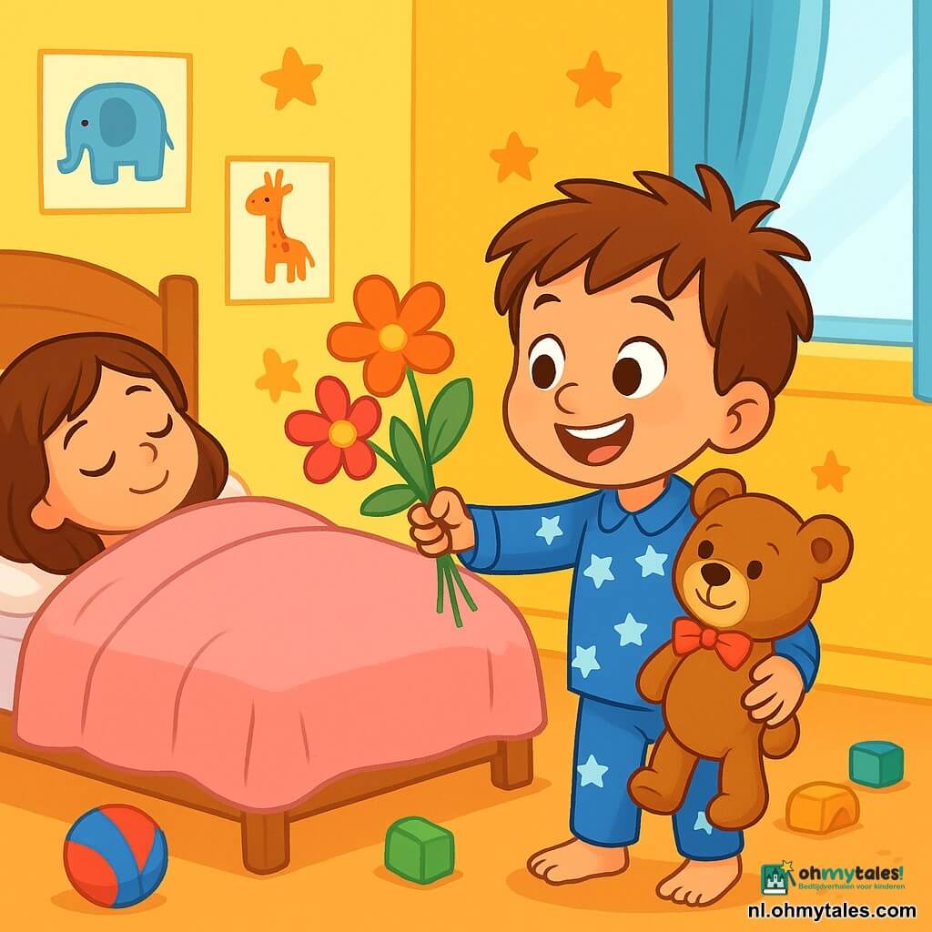 Een vierjarig jongetje genaamd Mats, met rommelig bruin haar en sprankelende ogen, staat op zijn tenen in een lichte kamer. Hij draagt een blauwe pyjama met witte sterren en heeft een grote glimlach op zijn gezicht, vol opwinding en anticipatie. Naast hem is zijn trouwe metgezel, een teddybeer genaamd Bram, die tegen hem aan gedrukt is en een klein rood strikje om zijn nek heeft, en ook enthousiast lijkt. De kamer is versierd in felle kleuren, met gele muren en dieren tekeningen. Een groot bed met kleurrijke lakens staat links, en een raam laat het ochtendlicht binnen, dat speelgoed op de vloer verlicht. Mats leunt iets naar voren, klaar om zijn moeder te verrassen die vredig in bed slaapt, verborgen onder een zacht roze dekentje. Mats, met een ondeugende blik, houdt een boeket papieren bloemen vast dat hij zelf heeft gemaakt, klaar om het aan zijn moeder te geven voor Moederdag, terwijl de teddybeer hem aanmoedigt met een samenzweerderige glimlach.